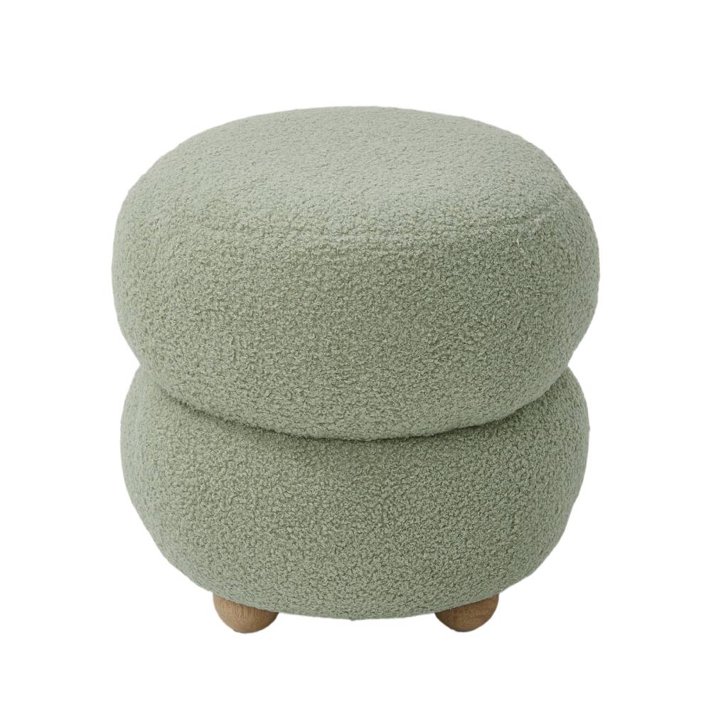 Round Teddy Fleece Upholstered Footstool Upholstered Ottoman With Wooden Legs | Green
