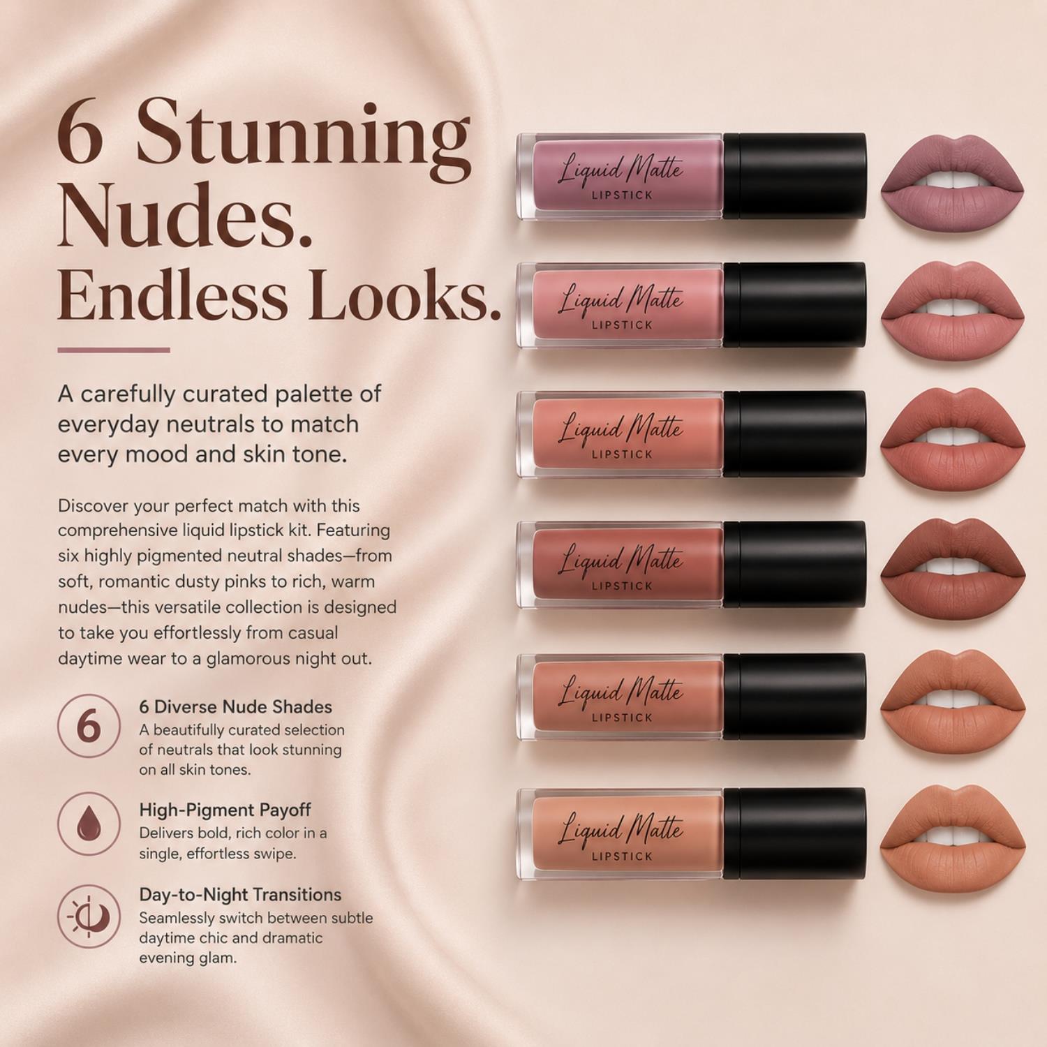 Envie Nude Matte Lipstick Set Waterproof Long Lasting Liquid Lip Gloss 6 Shades Kit