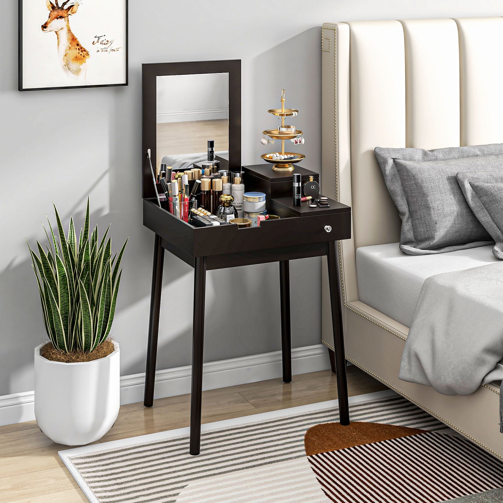 Dressing Table Vanity Desk Flip-up Mirror 2 Drawers, Black