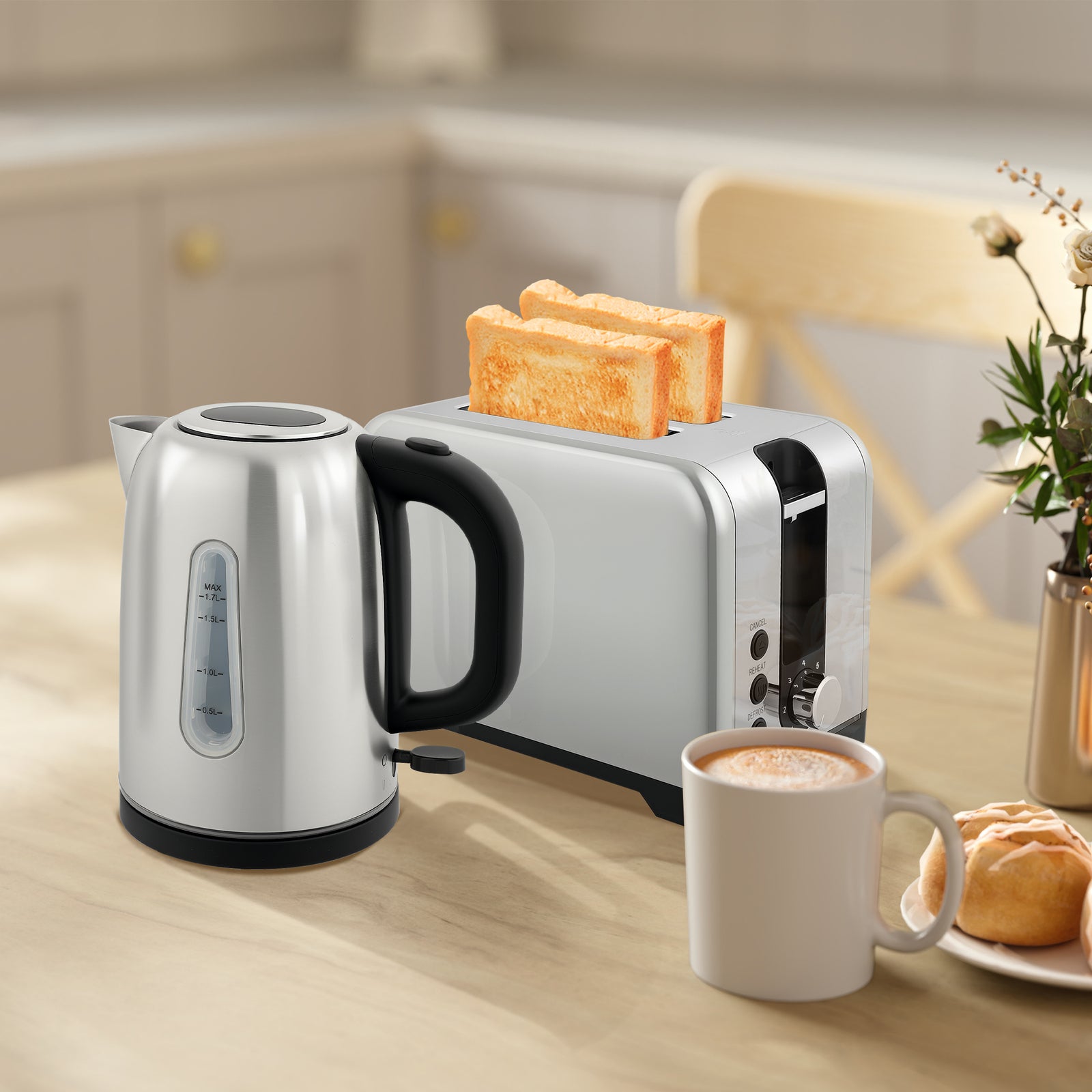 1.7l 3000w Rapid Boil Jug Kettle And 2-slice Toaster Set | Silver