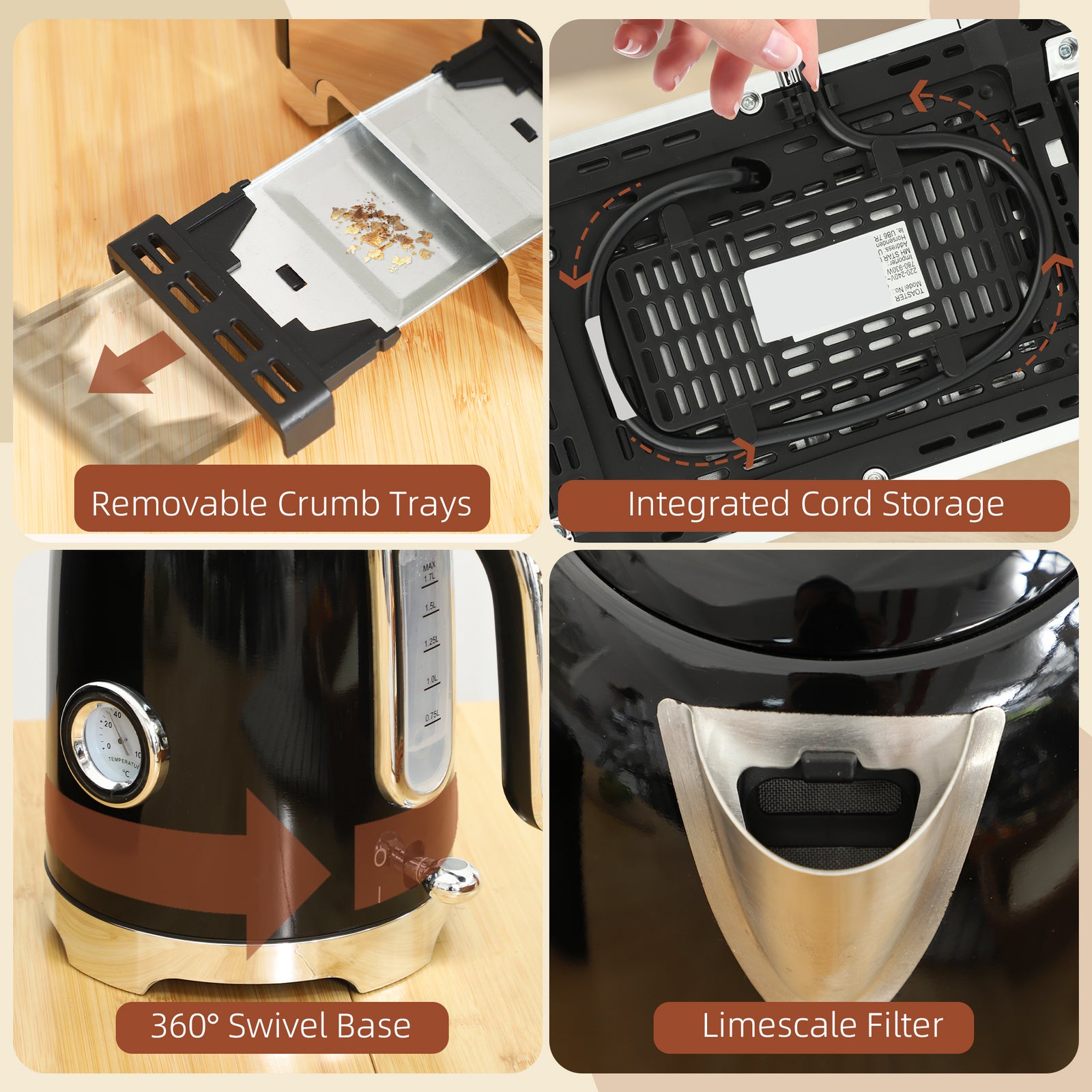 Kettle And Toaster Set With Temperature Gauge, Crumb Tray | Black