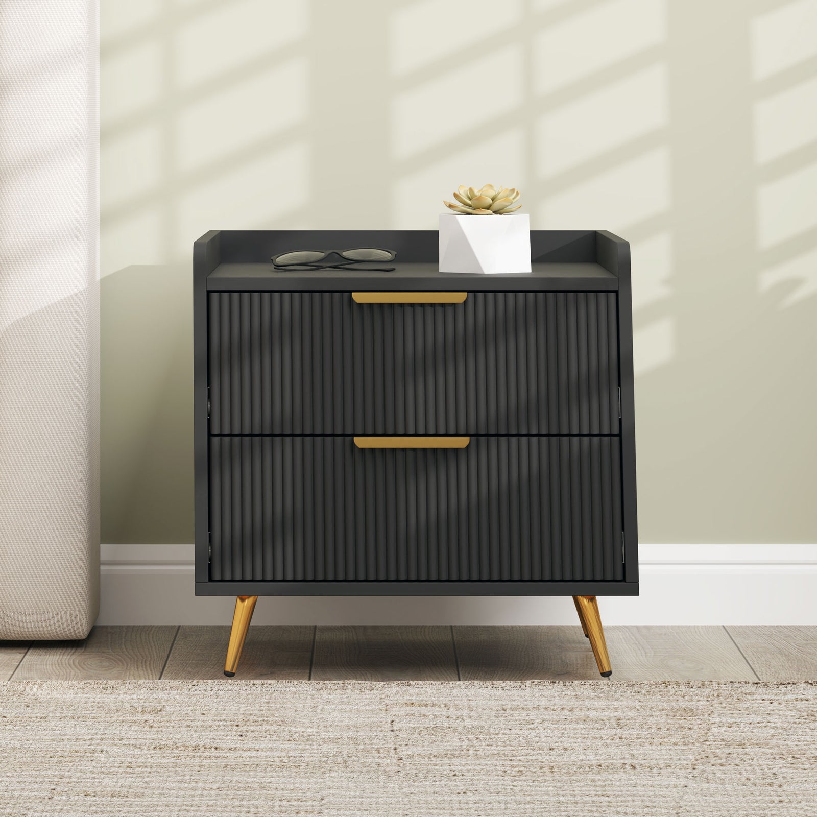 Bedside Table With 2 Drawers For Bedroom, Living Room | One Size | Black