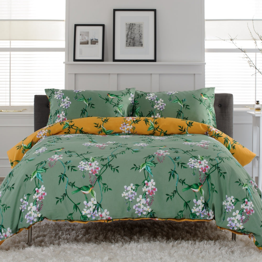 Bird Garden Sage 200 Thread Count Cotton Rich Reversible Duvet Cover Set | Super King | Green