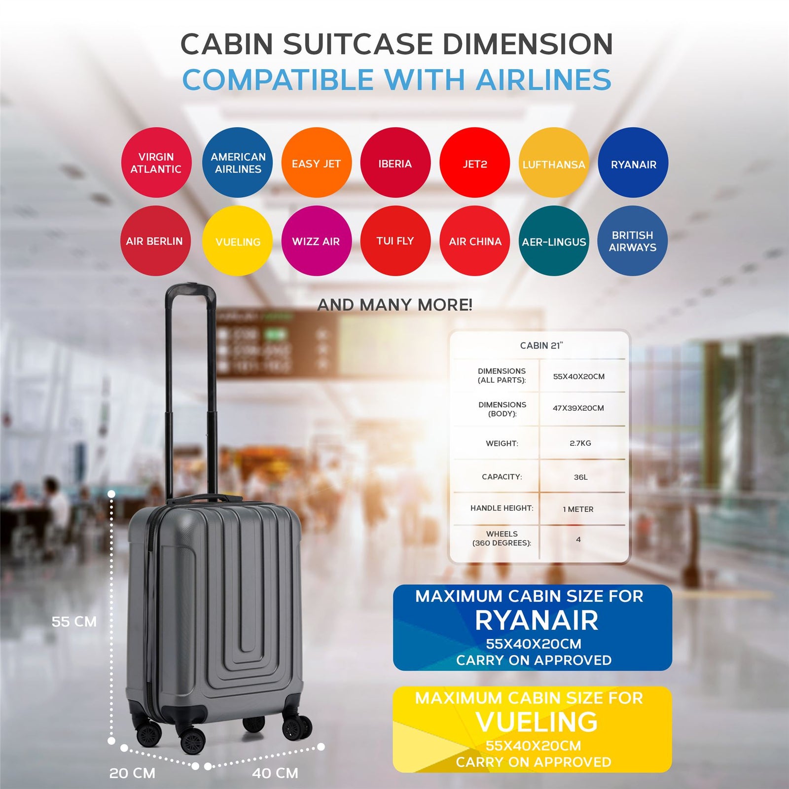 55x40x20cm Lightweight Luggage Overhead Cabin Hard Shell Cabin Suitcase 60+ Airlines Approved - Carry On Case - 4 Wheels | Cabin | Anthracite