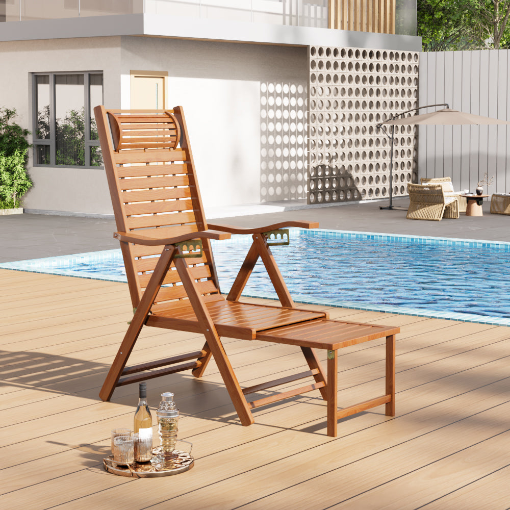 Bamboo Foldable Recliner Lounge Chair With Retractable Footrest | Dark Brown