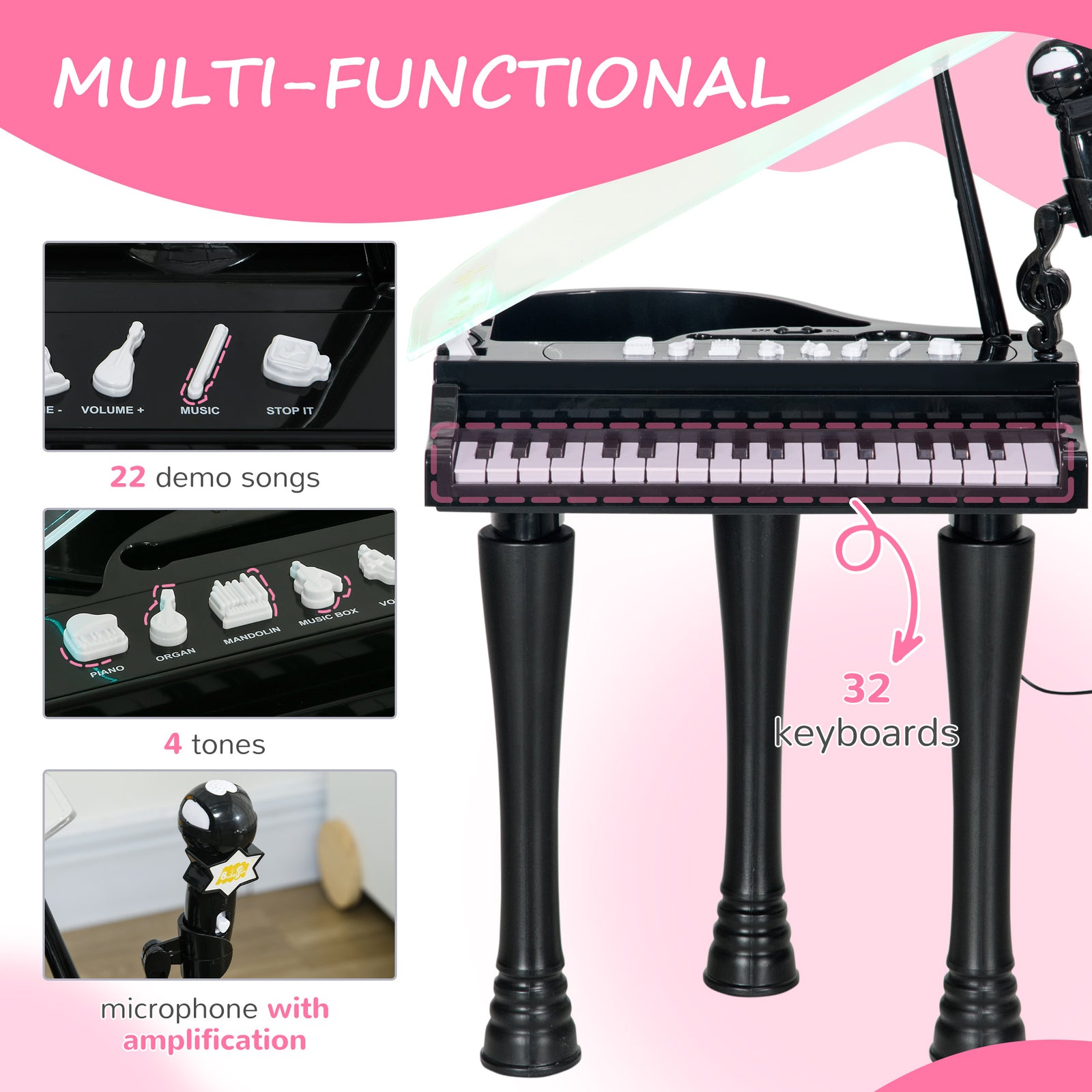 32 Keys Kids Piano Keyboard With Stool, Lights, Microphone, Black | Black