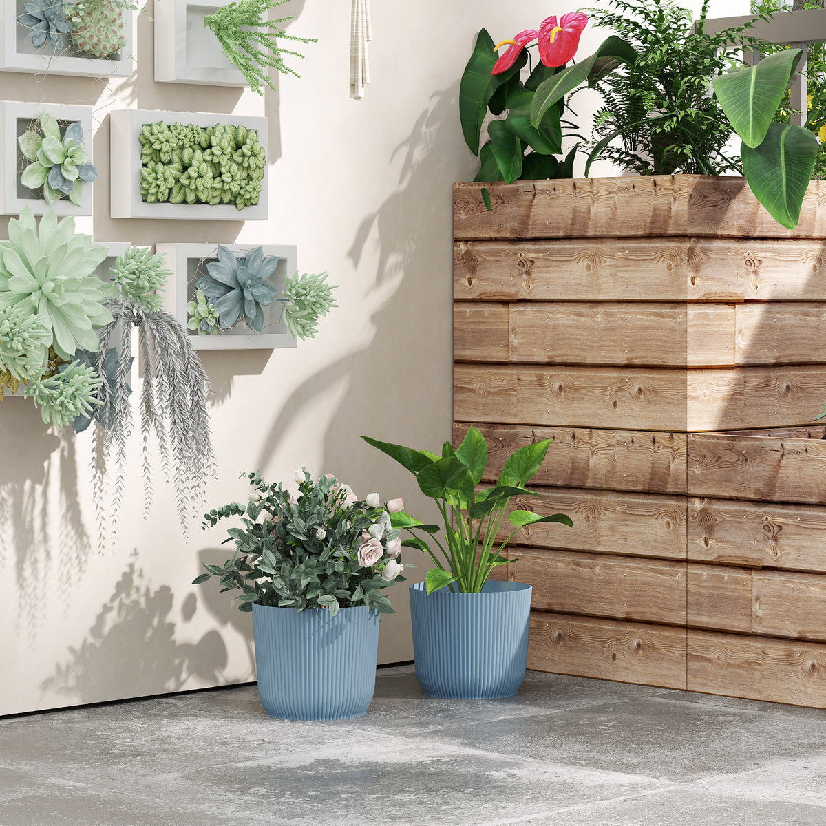 Round Plant Pots Outdoor 22cm For Garden Decoration | Set of 2 | Blue