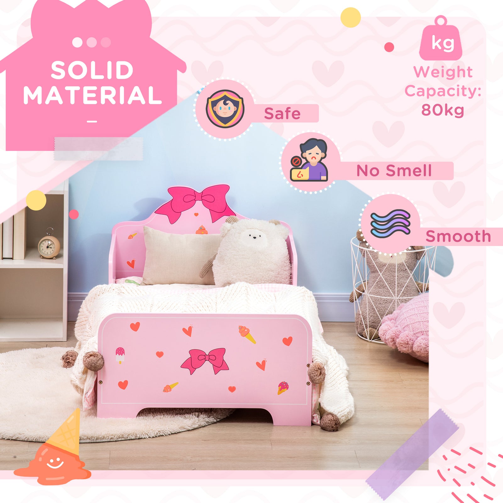 Princess-themed Kids Toddler Bed With Cute Patterns, Safety Rails - Pink | Pink