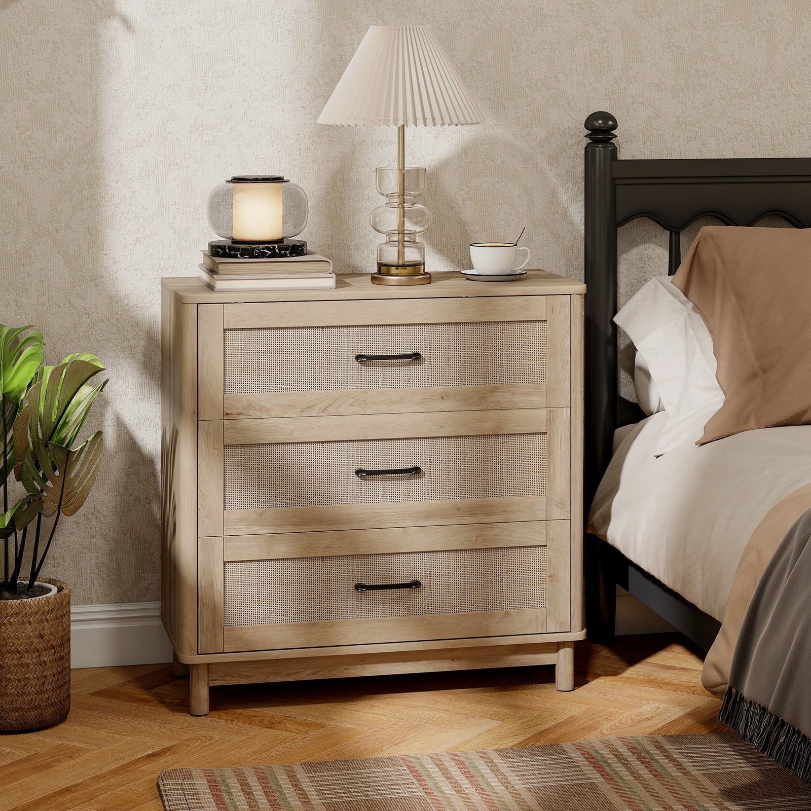 HOMCOM 3 Drawer Chest Of Drawers, Wide Storage Unit For Living Room, Oak