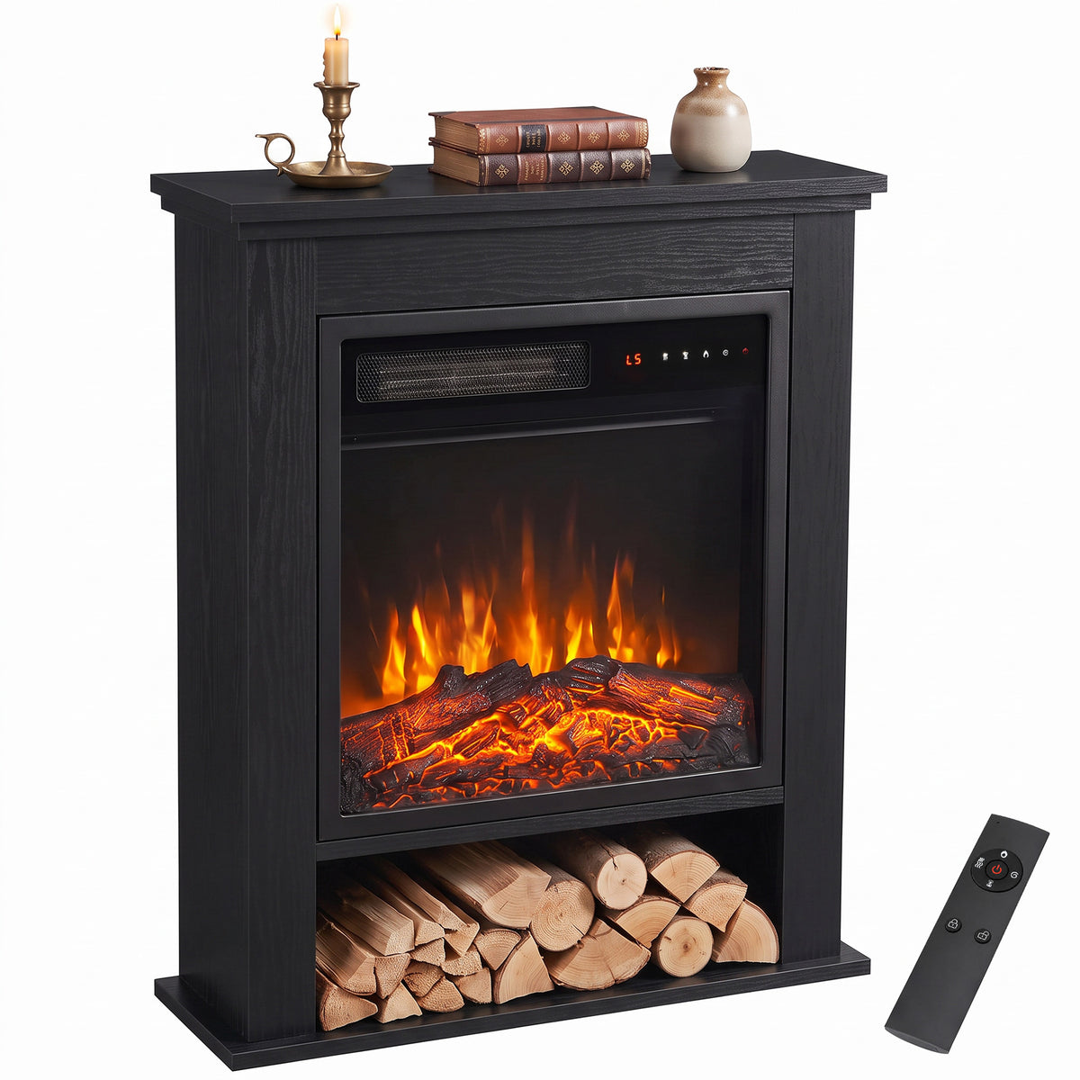 Freestanding Electric Fireplace Suite, 25" 1800w, Open Shelf | White