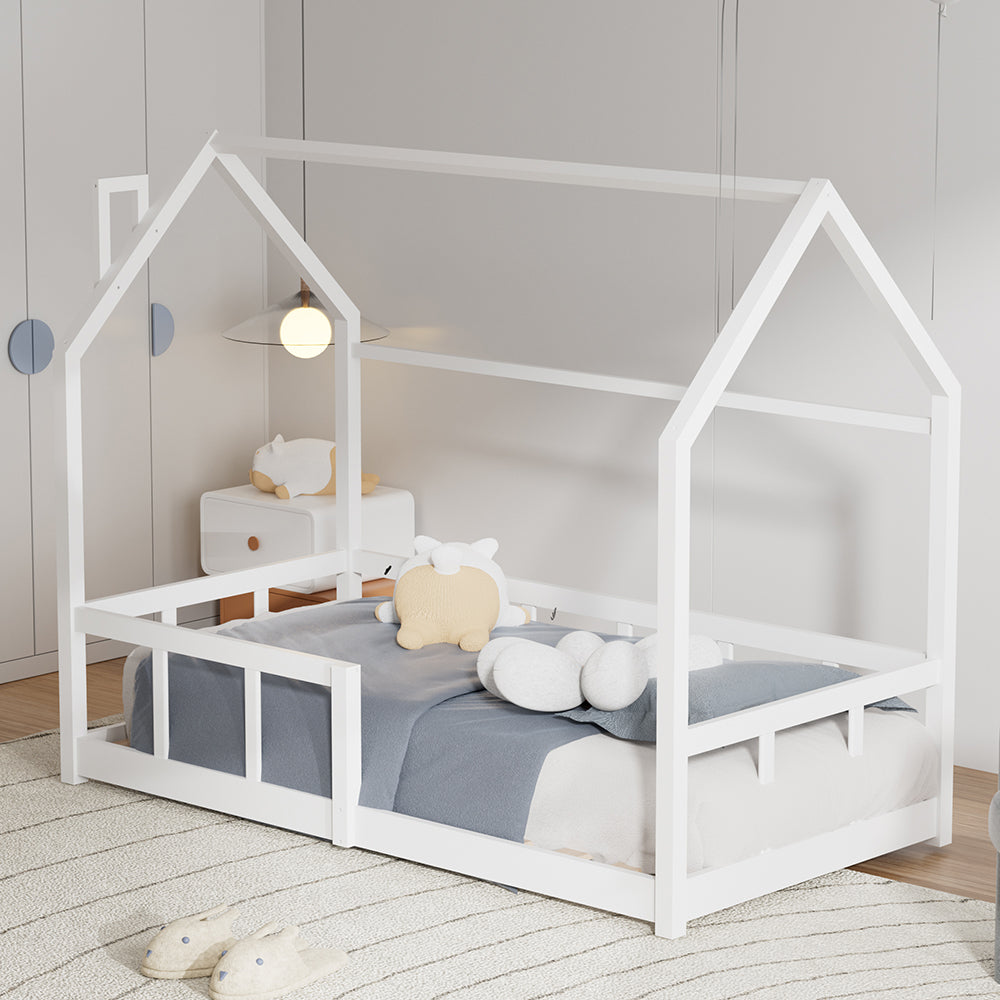 Kids Pine Wood House Bed Frame With Guardrails – 160cm X 80cm Low Design Single Toddler Bed For Safe And Fun Sleep | White