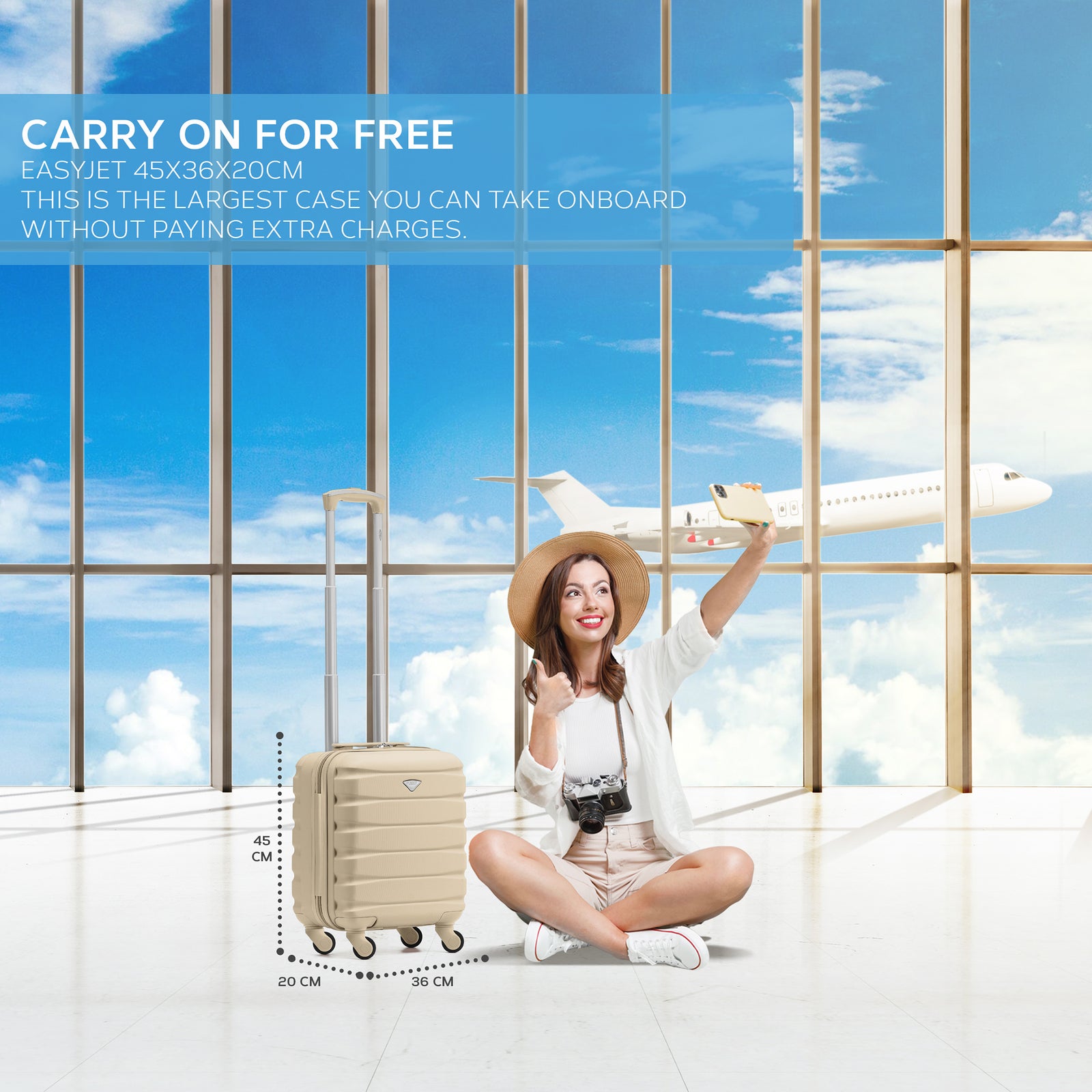 45x36x20cm Lightweight Underseat Cabin Carry On Suitcase - 100+ Airline Approved - Hard Shell Luggage - 4 Wheels | 45 x 36 x 20cm | Champagne