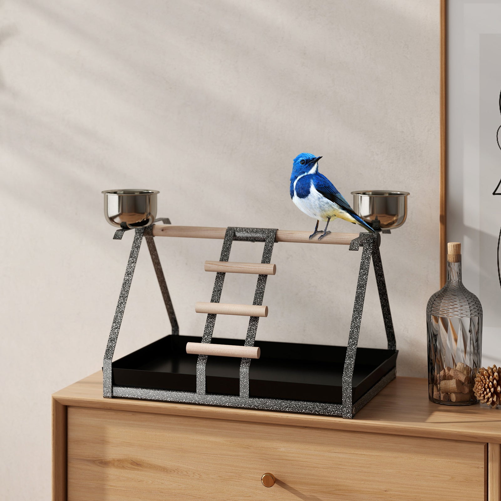 Pawhut Portable Bird Stand Resting Stainless Steel Base Wood Perch Ladder Bowls