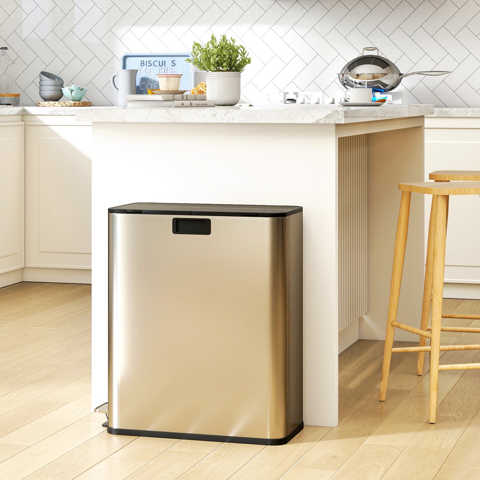 HOMCOM 56l Dual Kitchen Bin With Removable Inner Buckets For Recycling And Waste