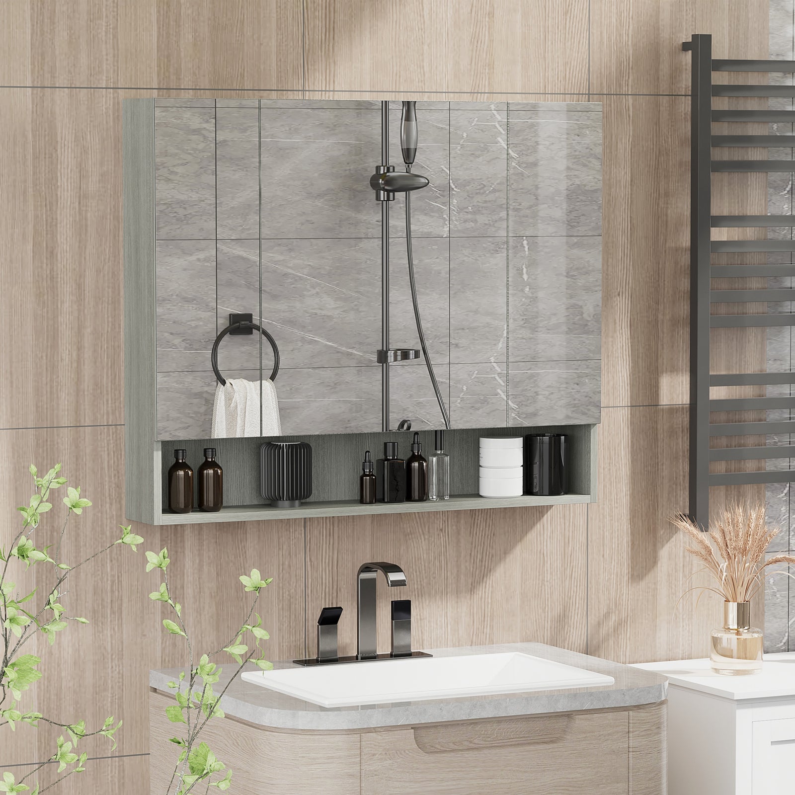 Bathroom Wall Mounted Mirror Storage Adjustable Shelves