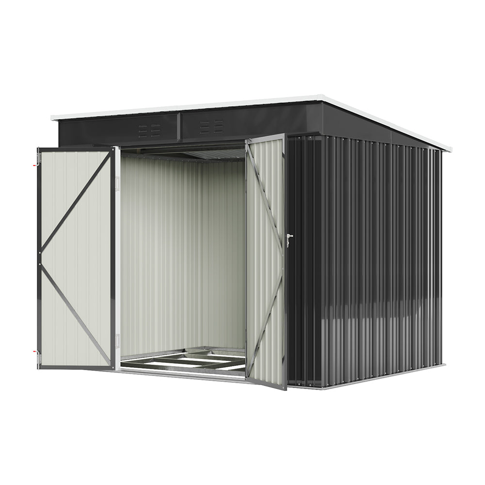 6x8ft Metal Storage Shed Black Galvanized Steel Tool House With Foundation, Double Lockable Doors, Ventilation