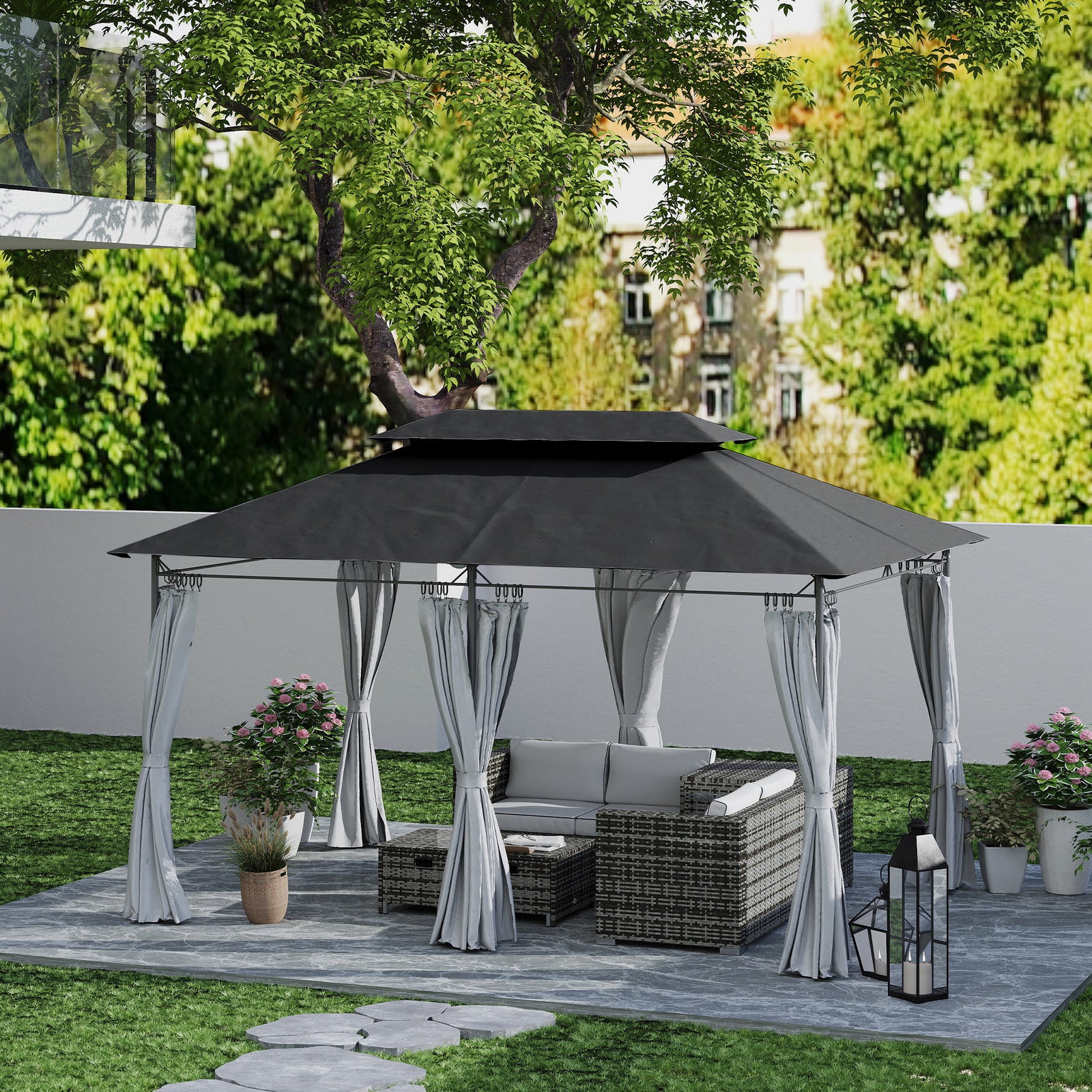 3x4m Garden Gazebo With Sides, Double Roof Metal Gazebo | Dark Grey