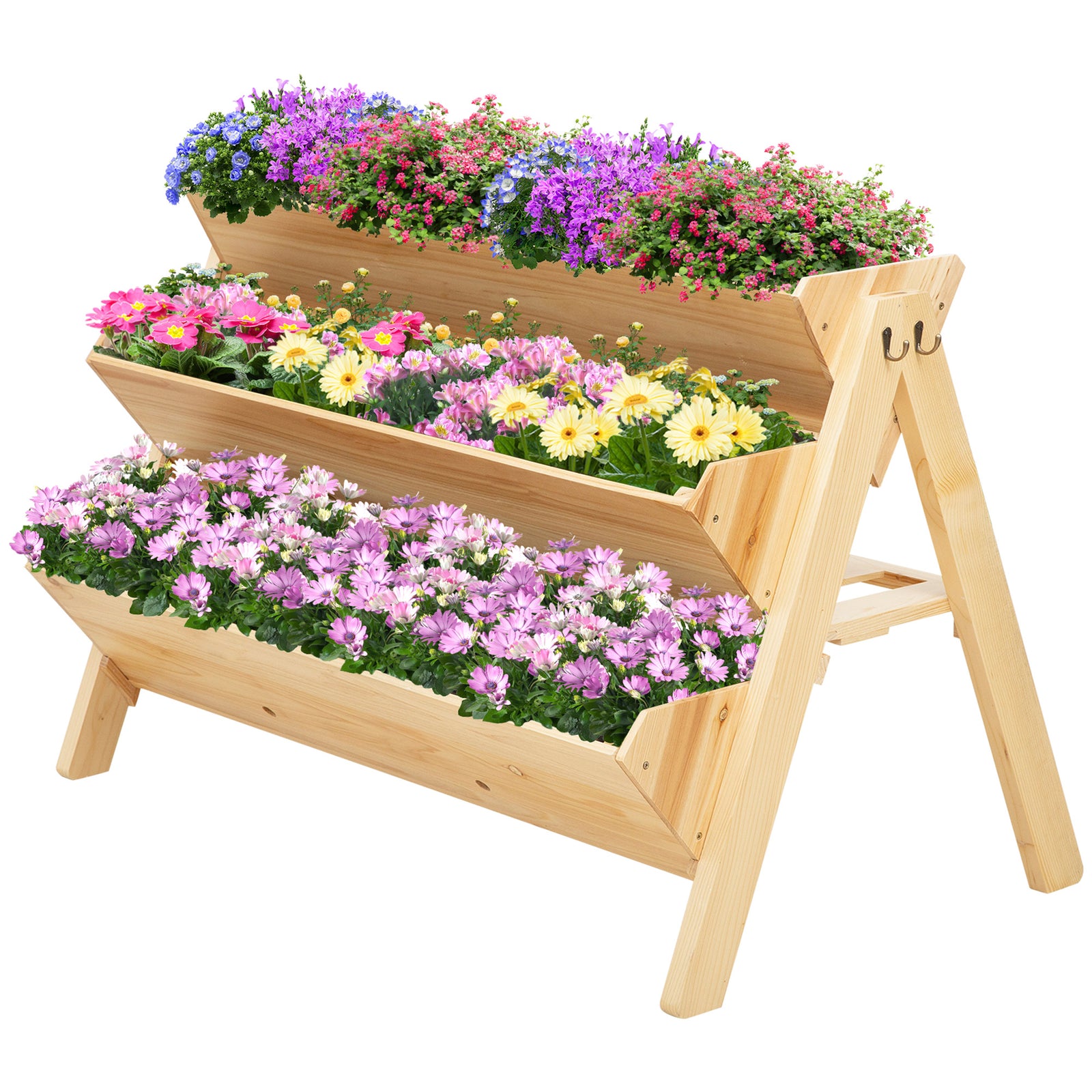 3 Tier Wooden Raised Bed With Hooks 120x48x80cm