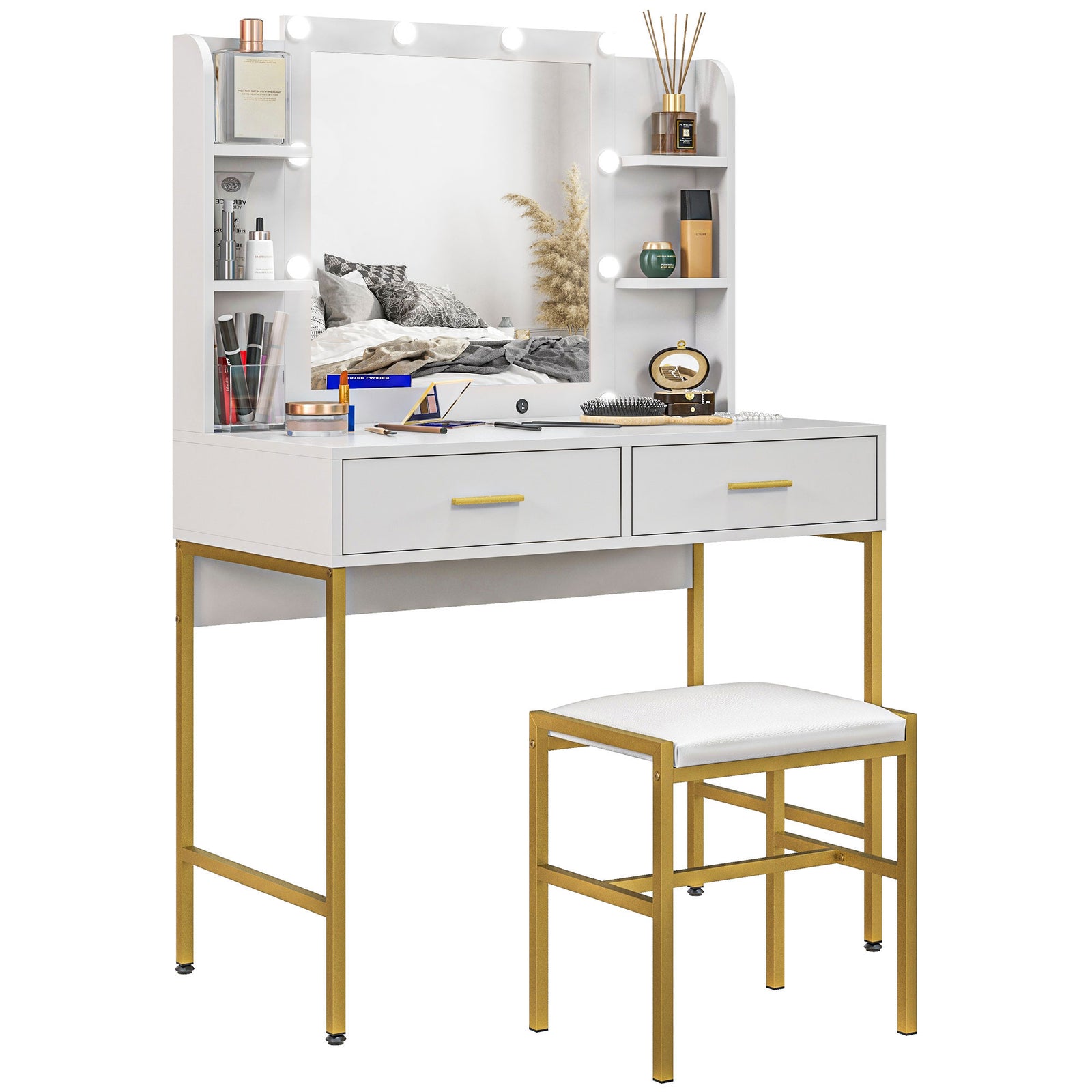 Makeup Vanity Desk Set With Lighted Mirror Stool | One Size | White