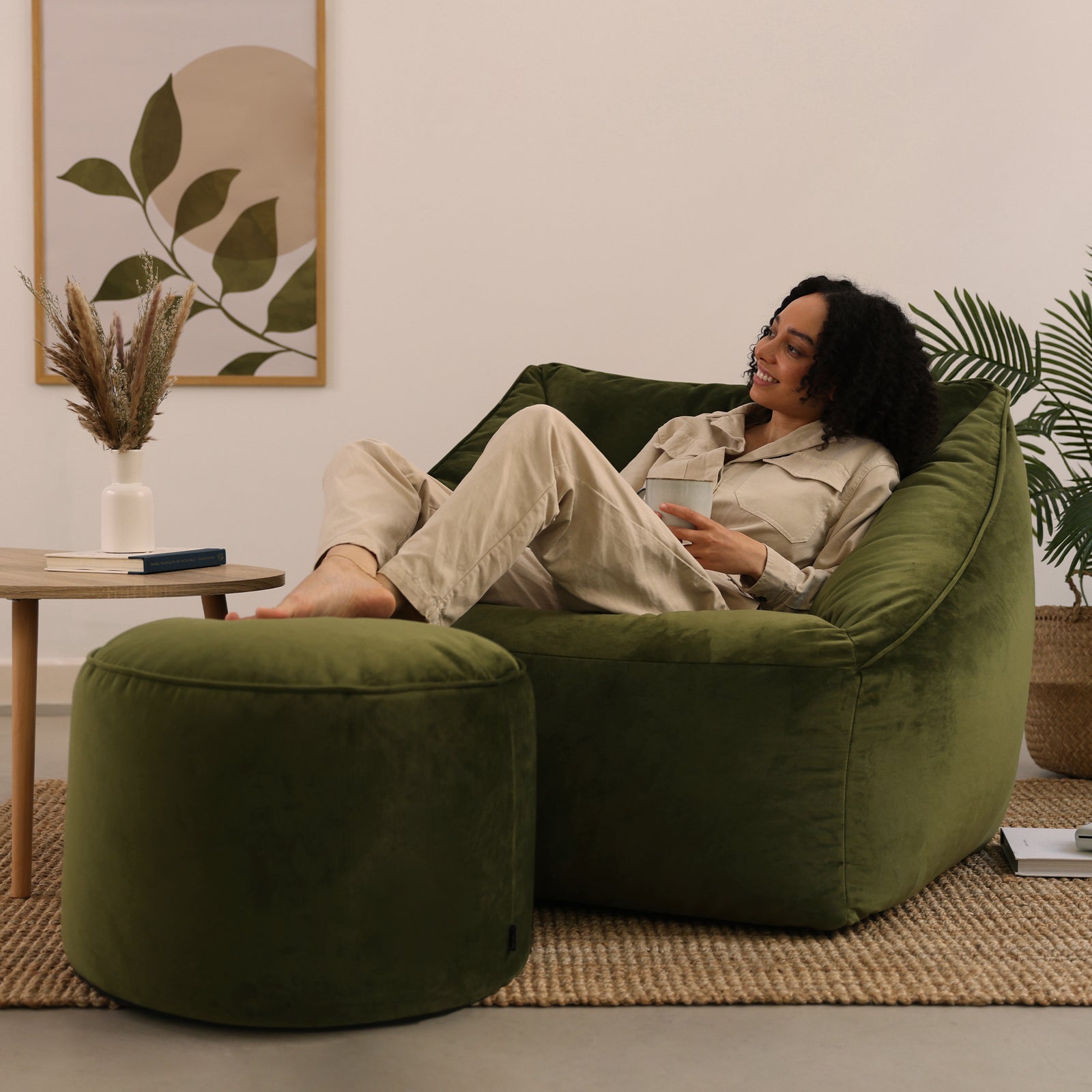 Natalia Velvet Armchair & Pouffe Set | Olive