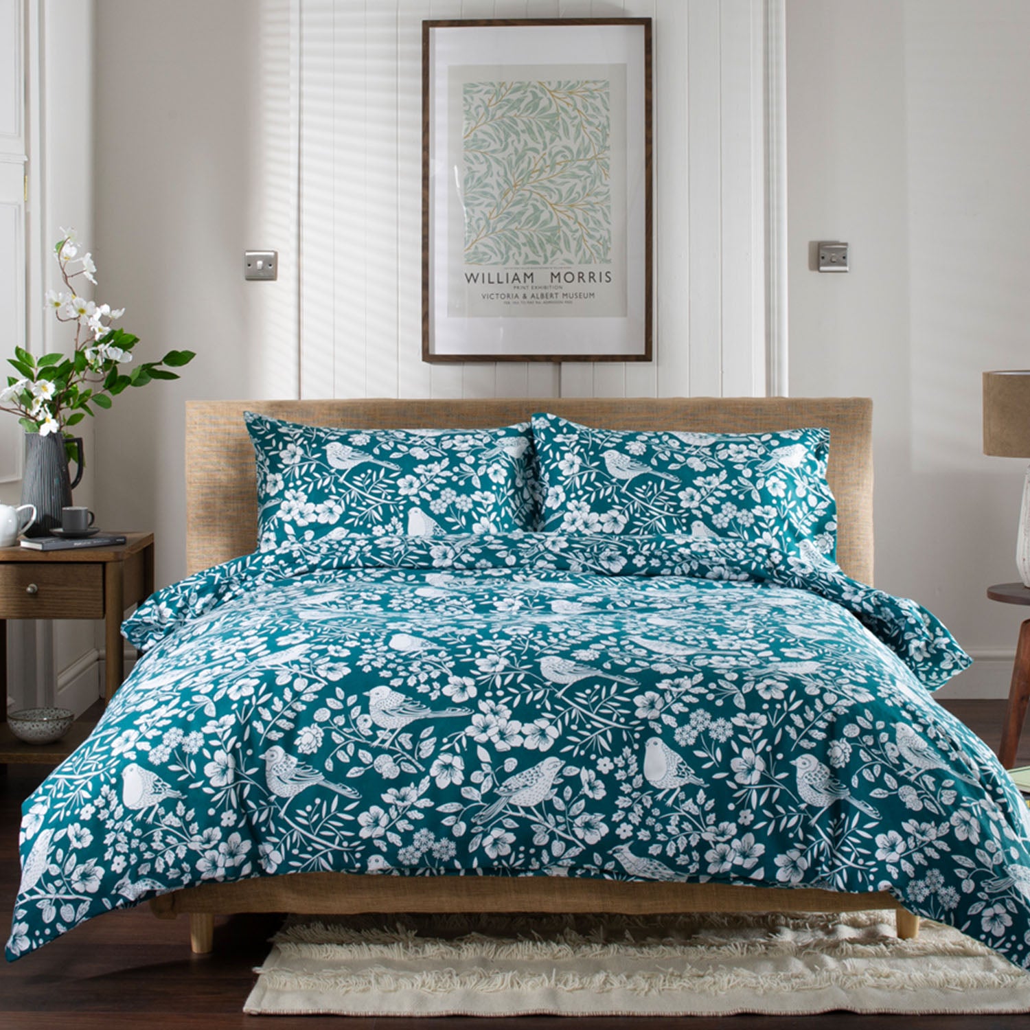 Woodland Bird Printed Design Brushed Cotton Duvet Set | Super King | Green