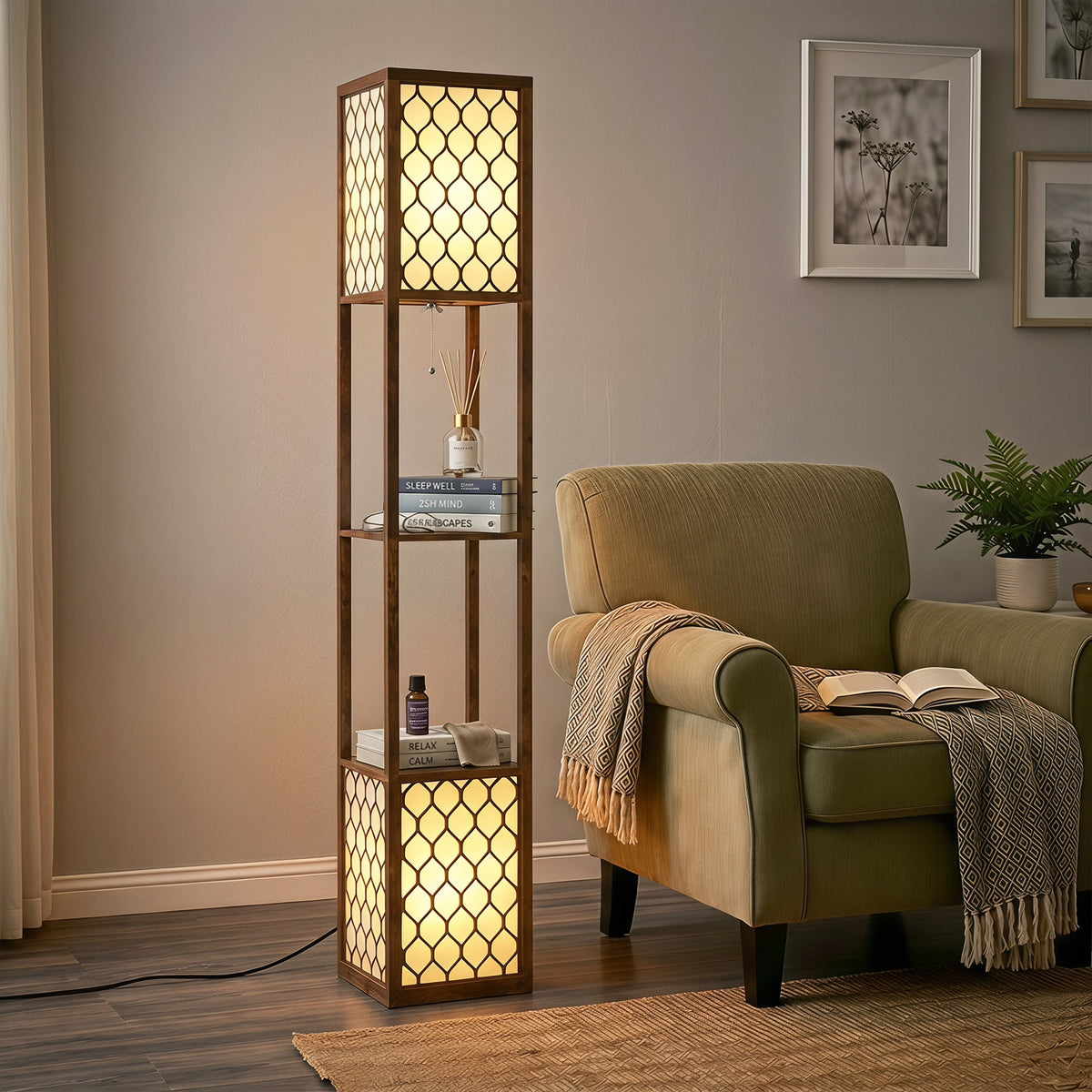 2-light Modern Floor Lamp W/ Shelves, Bedroom | Rustic Brown