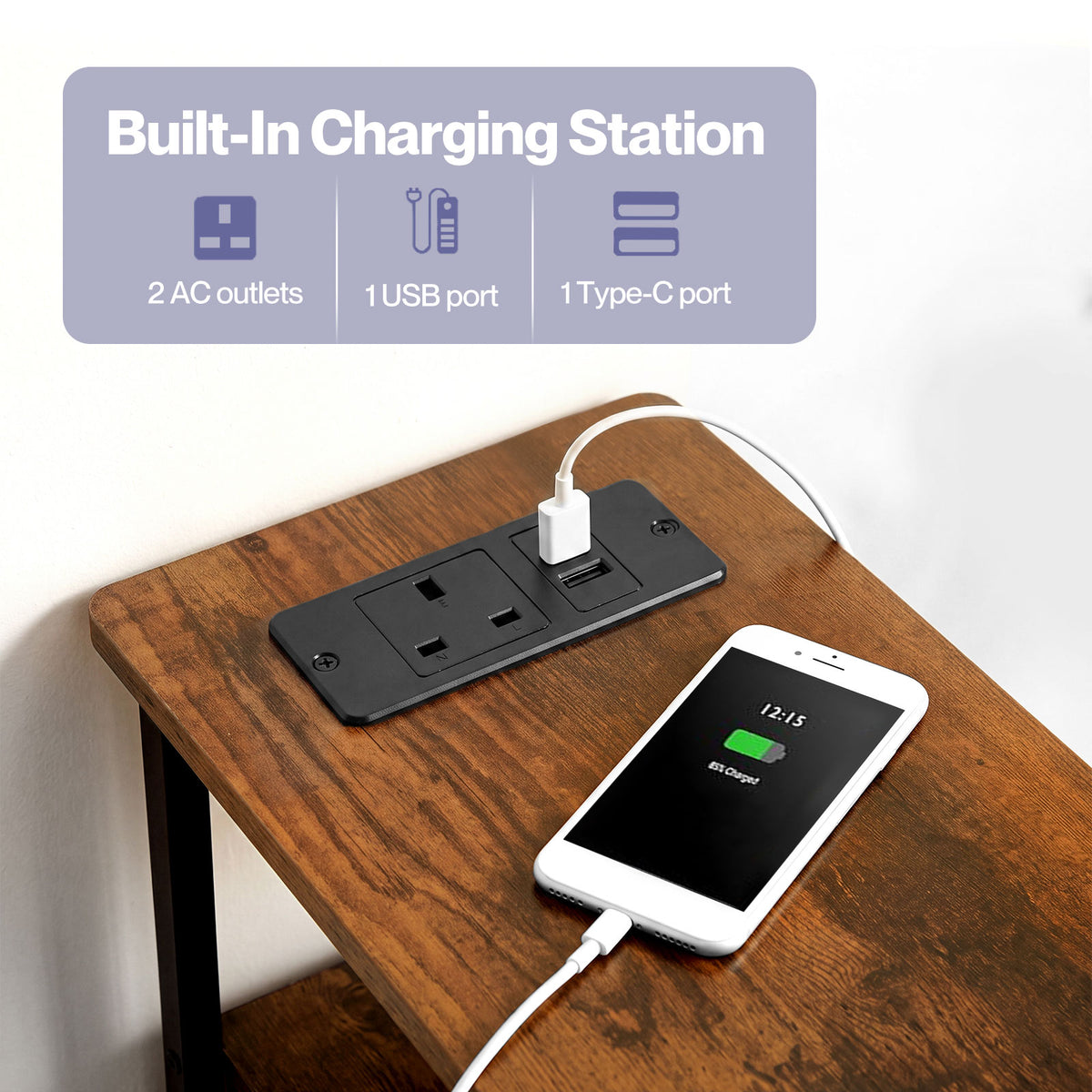 Bedside Table Narrow Side Table With Led Charging Station Storage Brown | Brown