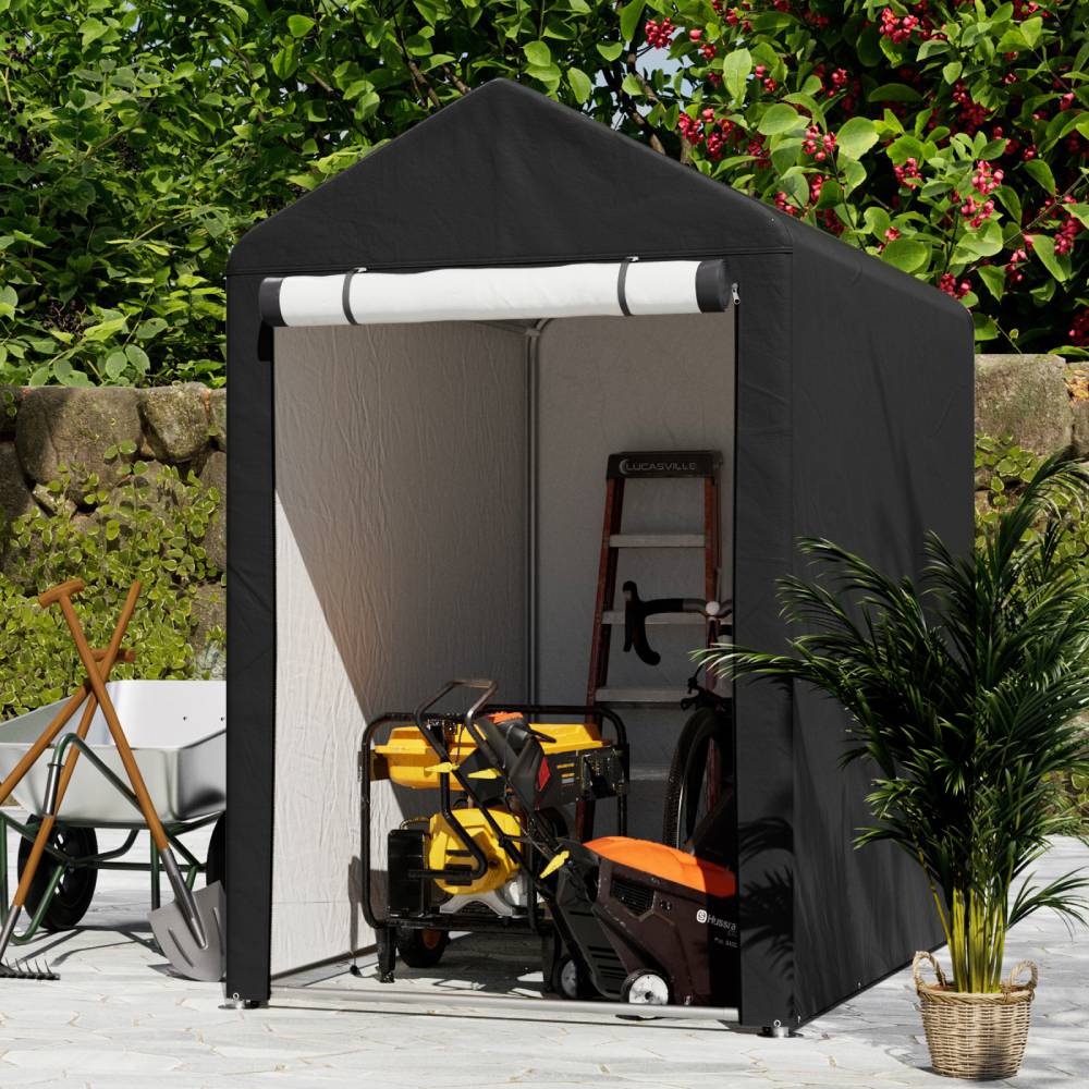 3x5ft Outdoor Storage Shed With Apex Roof – Waterproof Pe Fabric, Galvanized Steel Frame & Roll-up Door