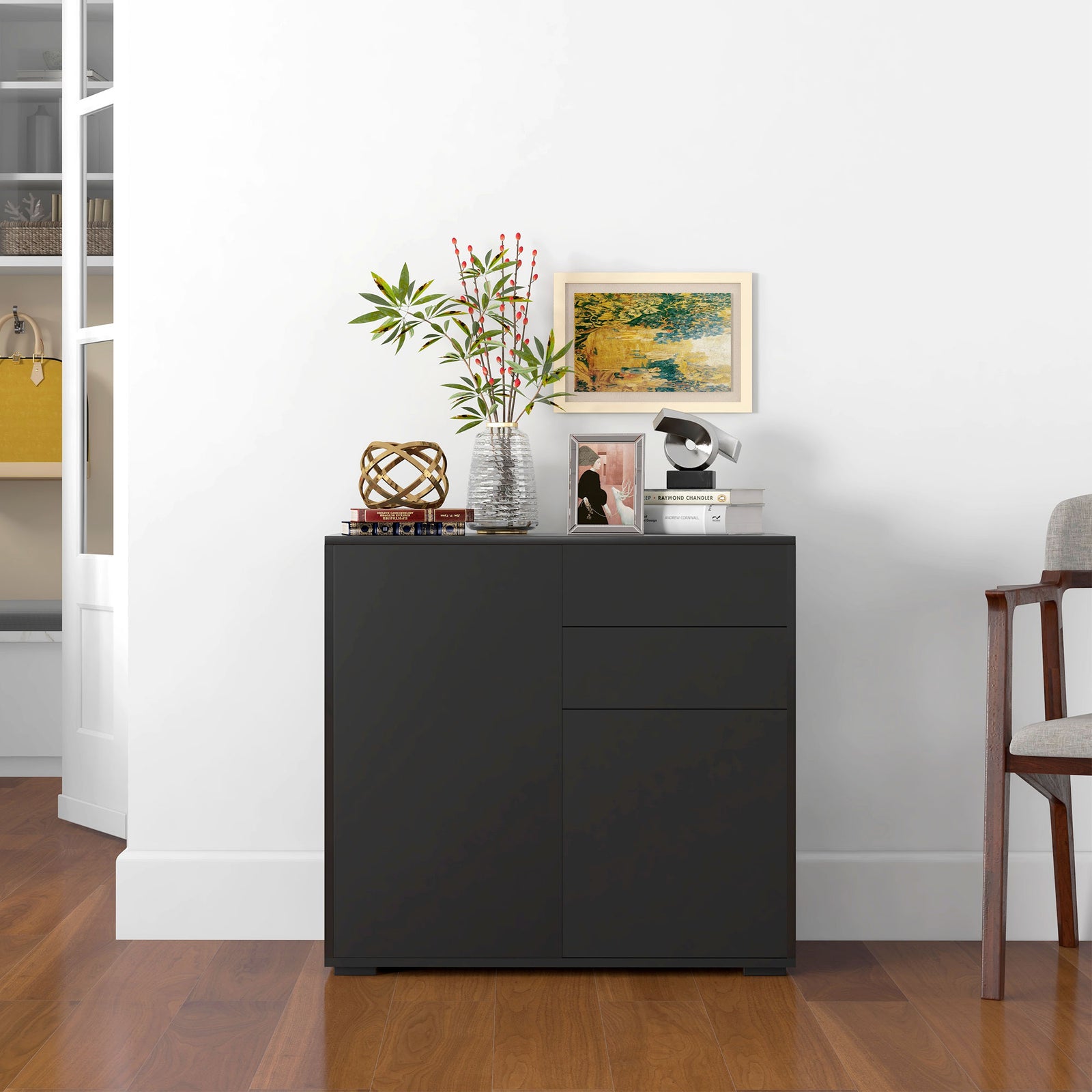 Side Cabinet With 2 Door Cabinet And 2 Drawer Home Office | One Size | Black