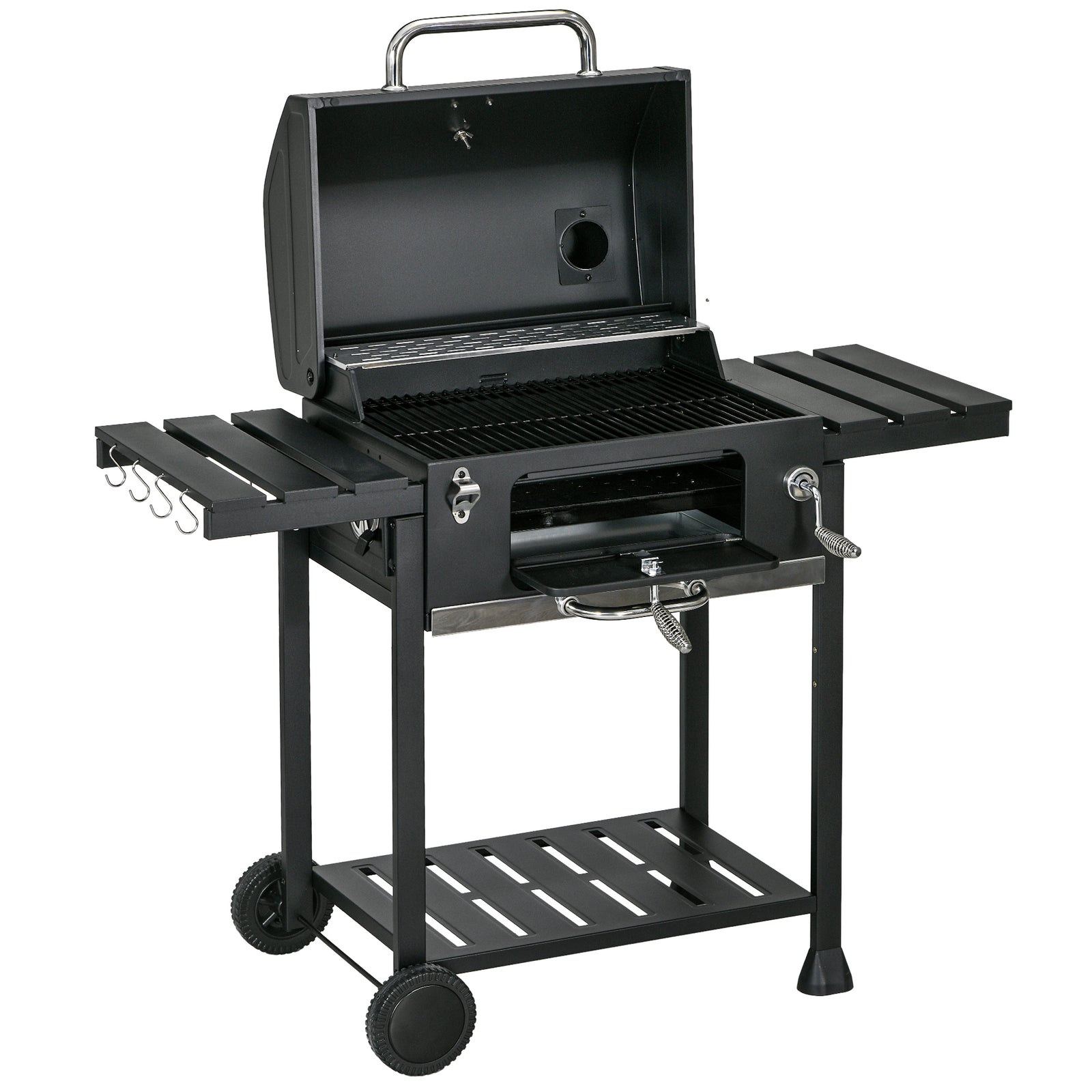 Charcoal Grill Trolley, Adjustable Pan, Shelves | Black