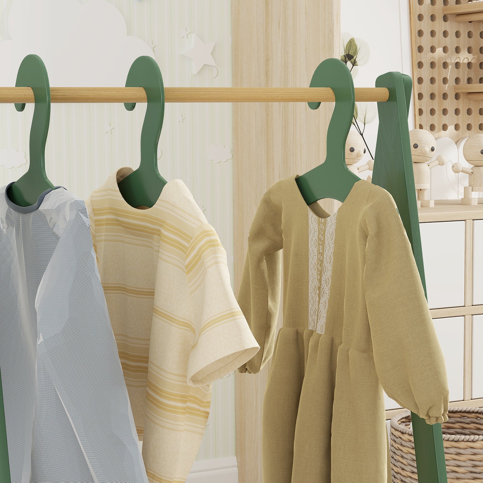 Aiyaplay Kids Clothes Rail With Hangers, Base Shelf For Girls, Boys, Green