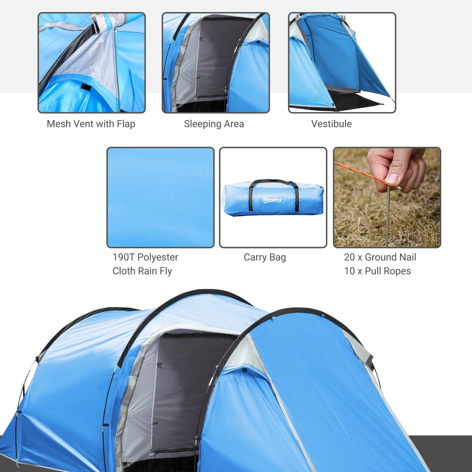 3 Man Camping Tent 2 Rooms Porch Vents Weather-resistant | Blue