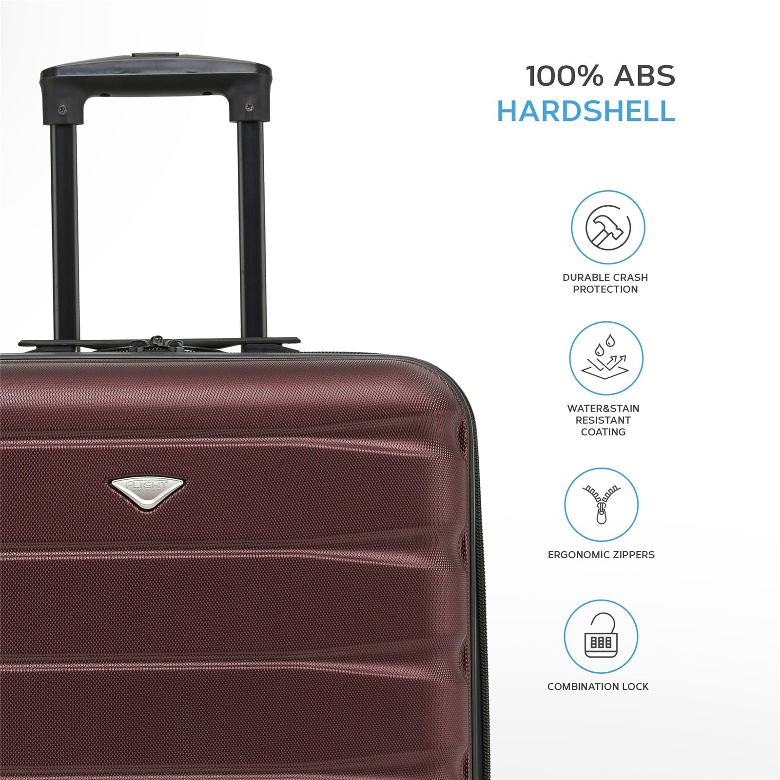 56x45x25cm Hard Cabin Suitcase - Lightweight 2-Wheel ABS Carry On Hand Luggage | Cabin | Burgundy