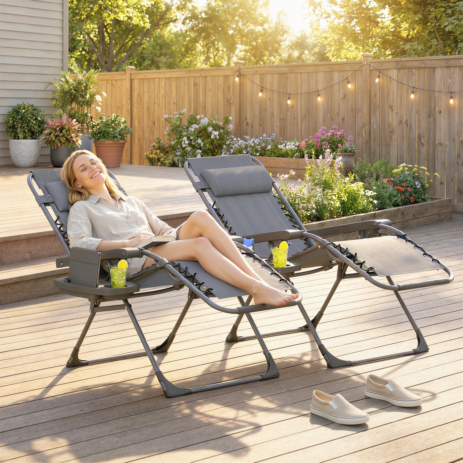 Zero Gravity Chairs Set Of 2 With Cup Holder, Headrest | Grey