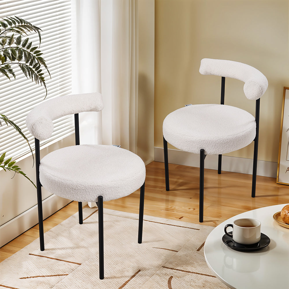 Set Of 2 Sherpa Fleece Dining Chairs With  Backrest And Metal Frame – Soft, Modern, And Cozy Seating For Dining Or Living Spaces | White