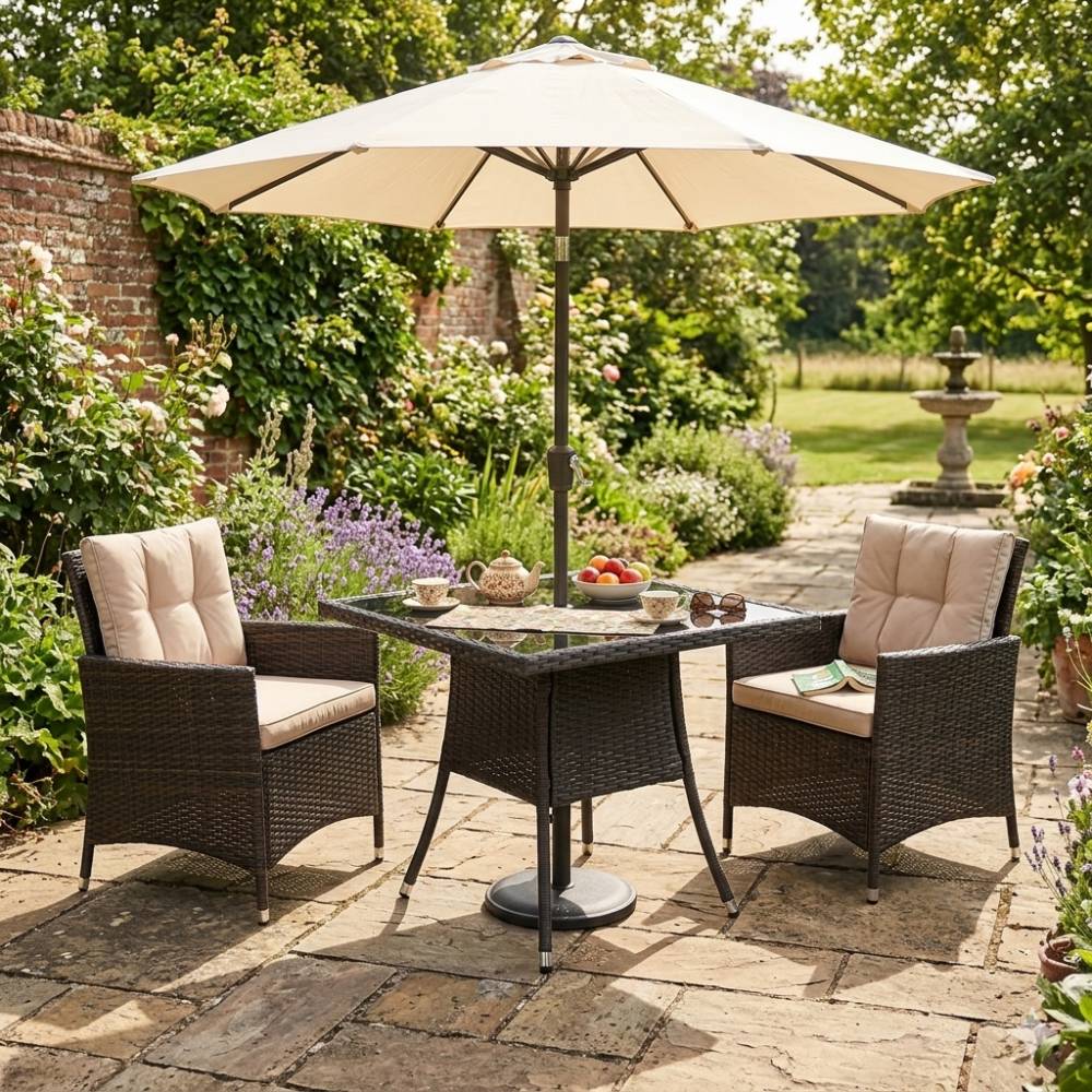 Square Wicker Patio Table With Black Tempered Glass Top With 51mm Umbrella Hole & Transparent Cap 80cm X 72cm H