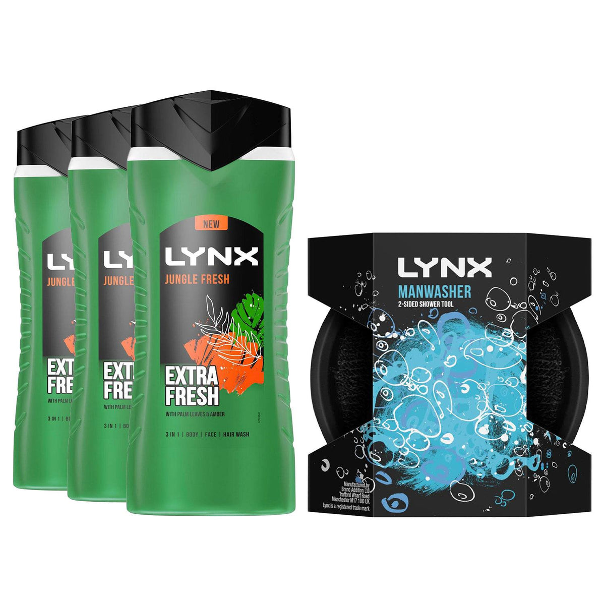 Jungle Fresh Shower Gel 500ml With Manwasher 2-sided Shower Tool | Set of 3