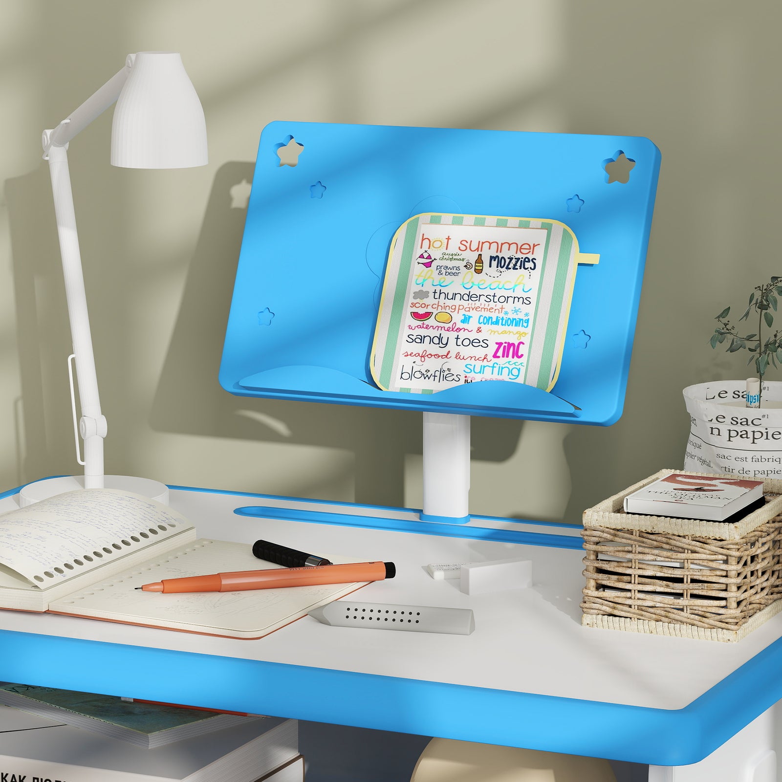 Kids Desk And Chair Set W/ Drawer, Book Stand, Pen Slot | Blue