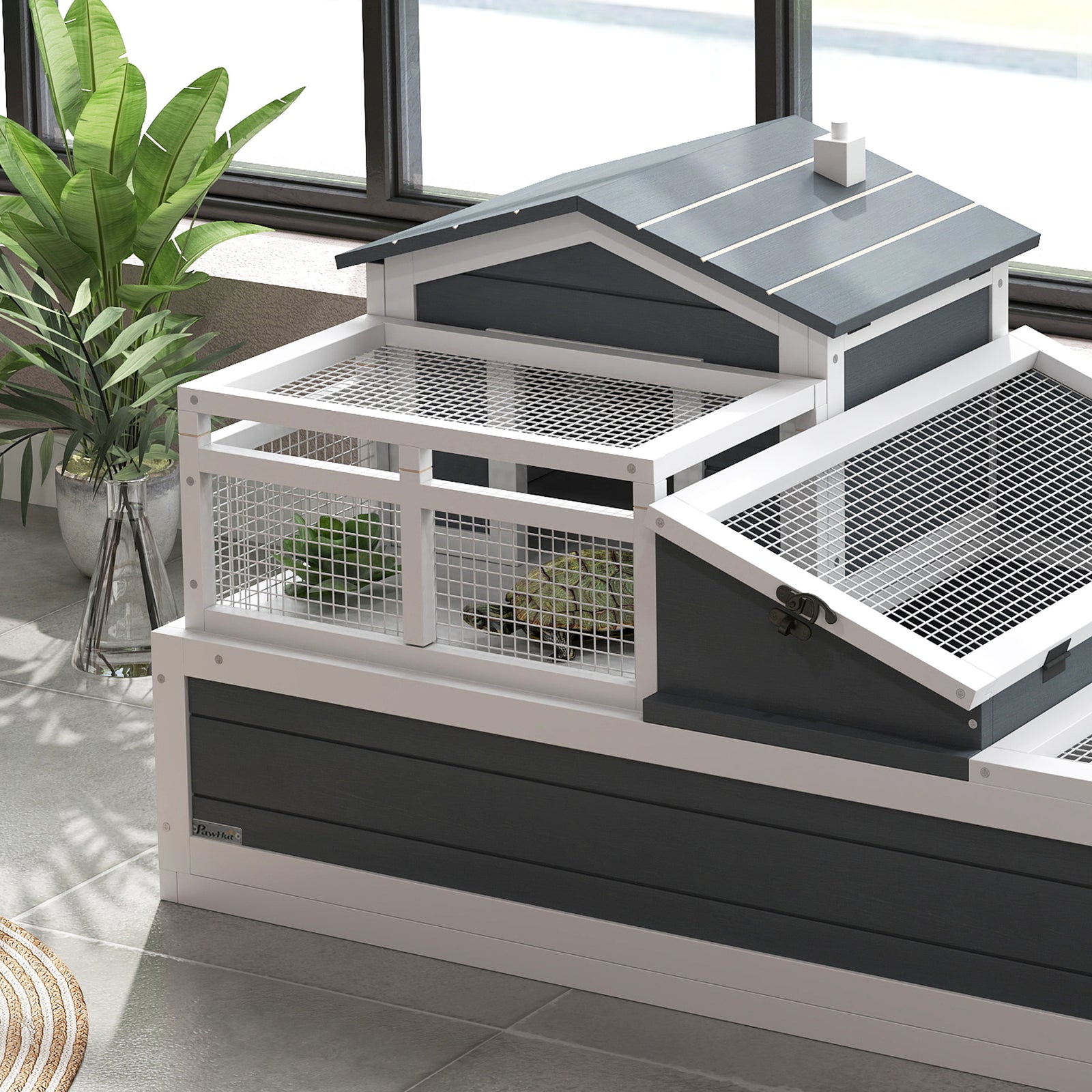 Pawhut Wooden Tortoise House Indoor Outdoor W/ Balcony, Tray, Openable Roof