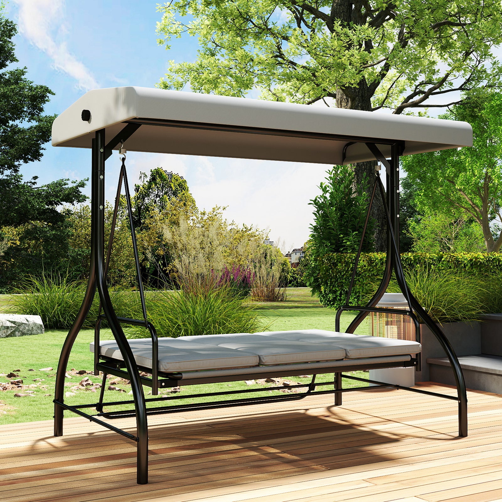 3 Seater Canopy Swing Chair Porch Hammock Bed | Light Grey