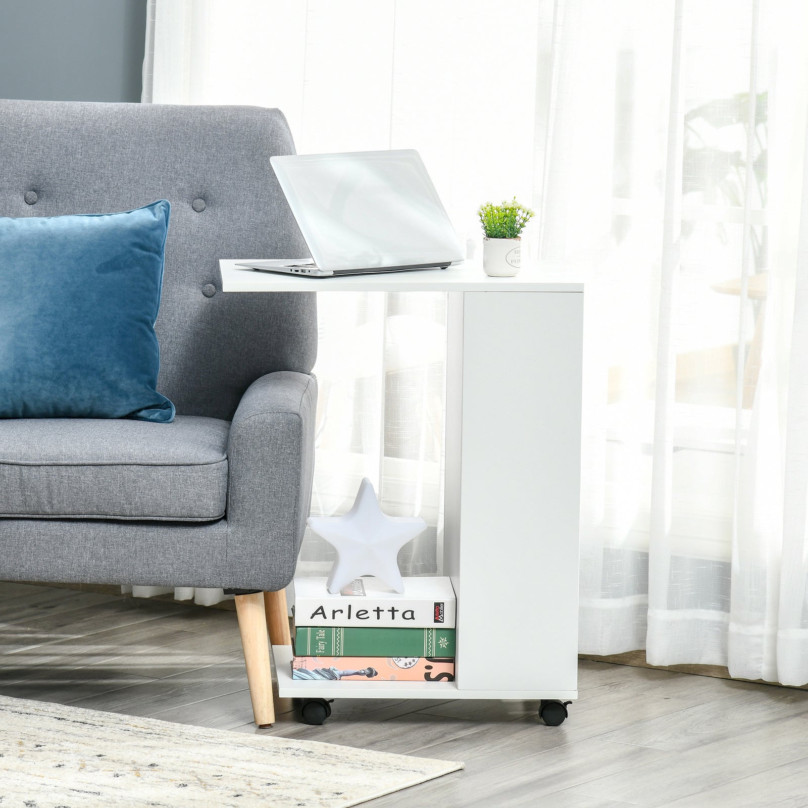 Mobile Sofa Side Table For Laptop Coffee W/ Storage | White