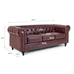 Chesterfield Scroll Arm Faux Leather Sofa 3 Seater | Brown