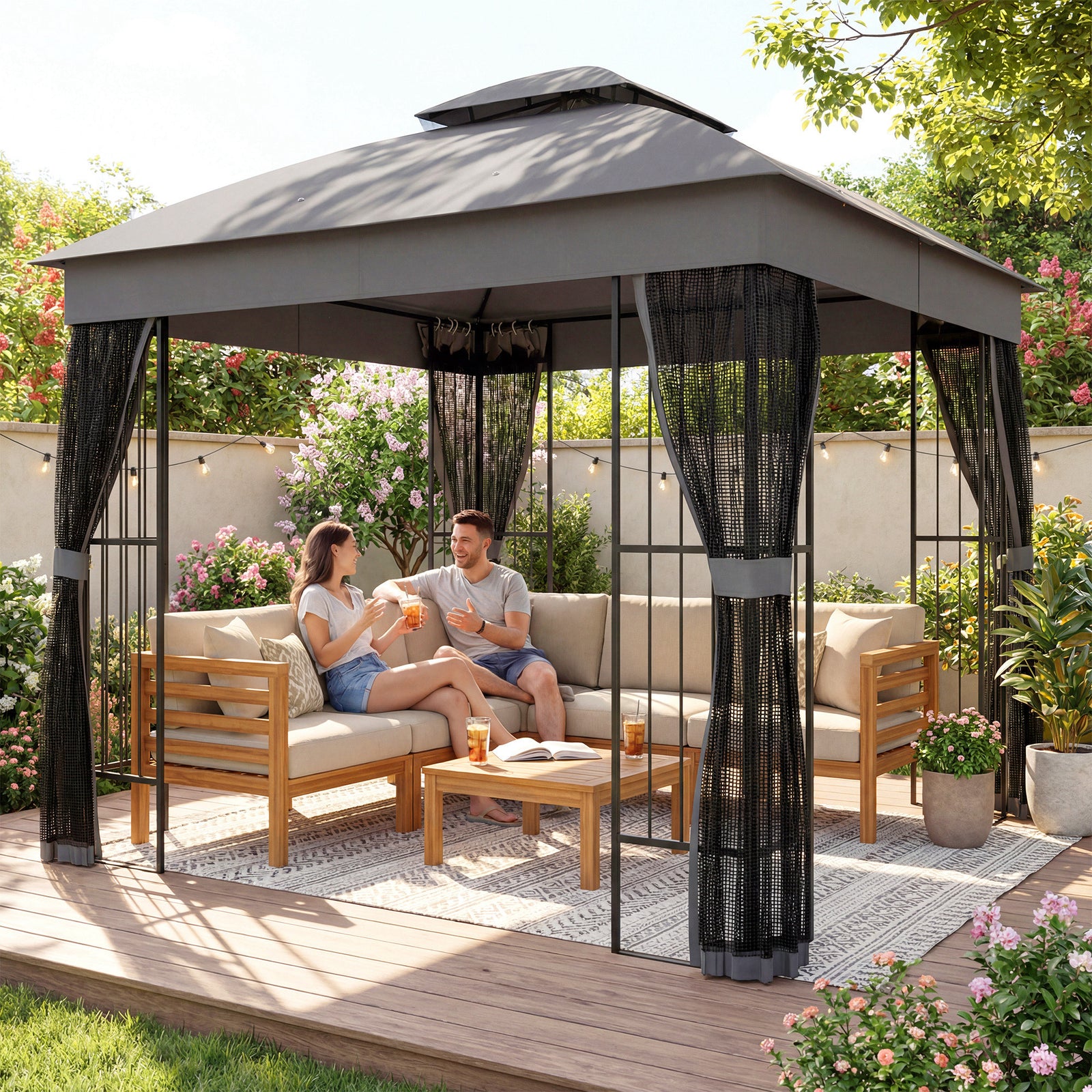 3 X 3 M Garden Gazebo With Shelves, Upf50+ Permanent Gazebo | Grey