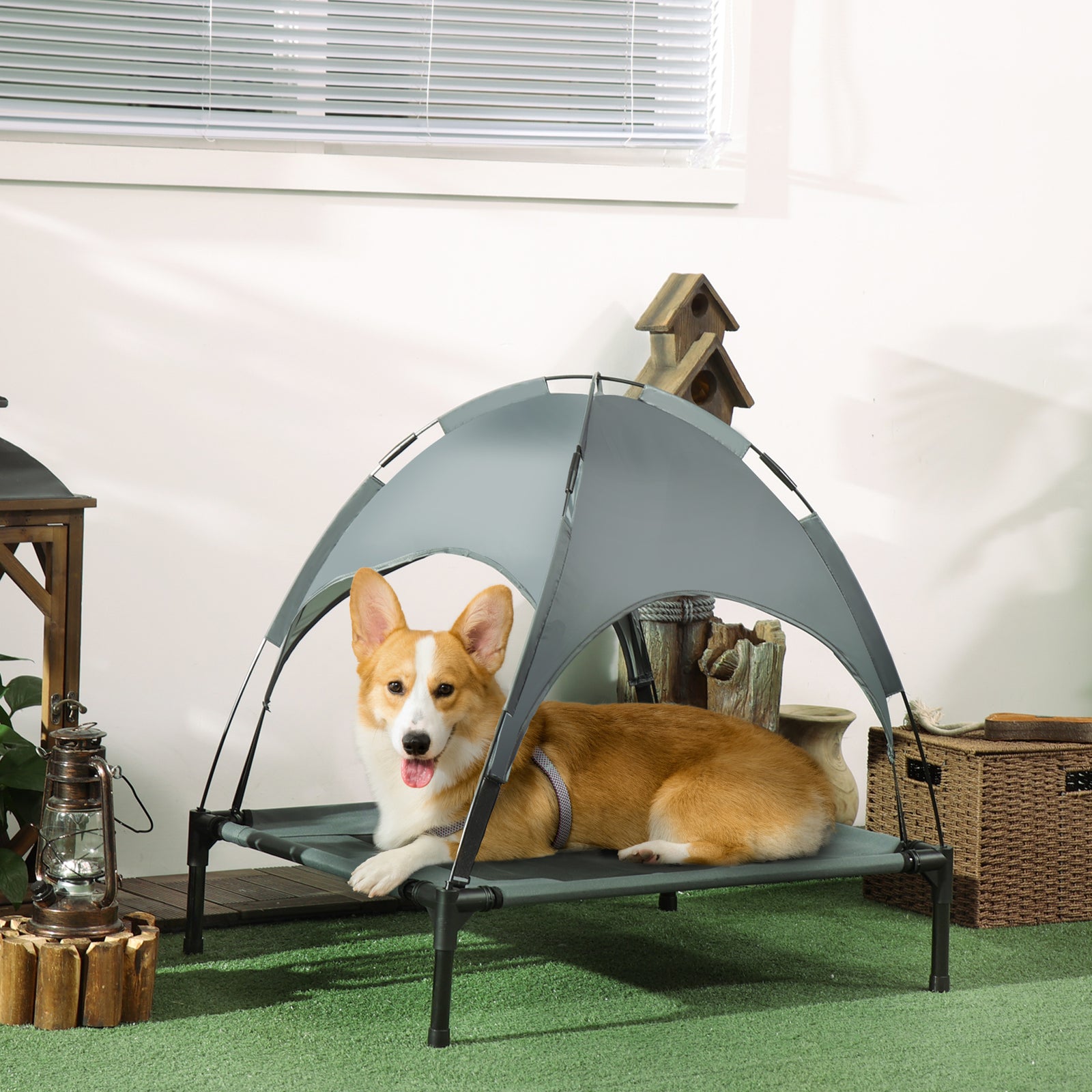 Pawhut 76cm Elevated Dog Bed Cooling Raised Pet Cot Uv Protection Canopy | Gray