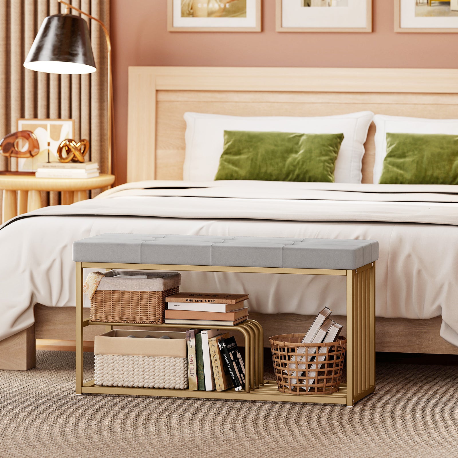 Shoe Storage Bench With Seat Cushion Tufted Shoe Rack Bench | Grey
