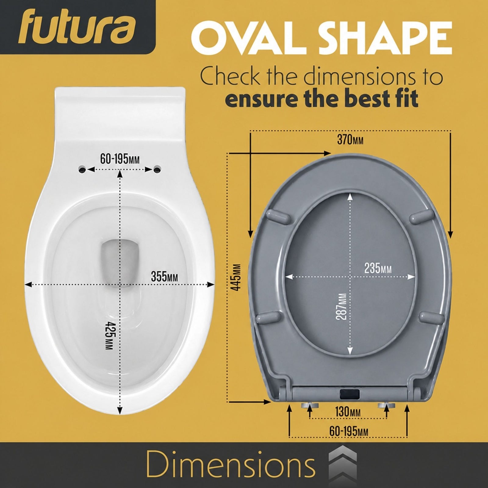 Toilet Seat Soft Close Oval Shape, Premium Thermoplastic, Quick Release, Top & Bottom Fixings | Grey