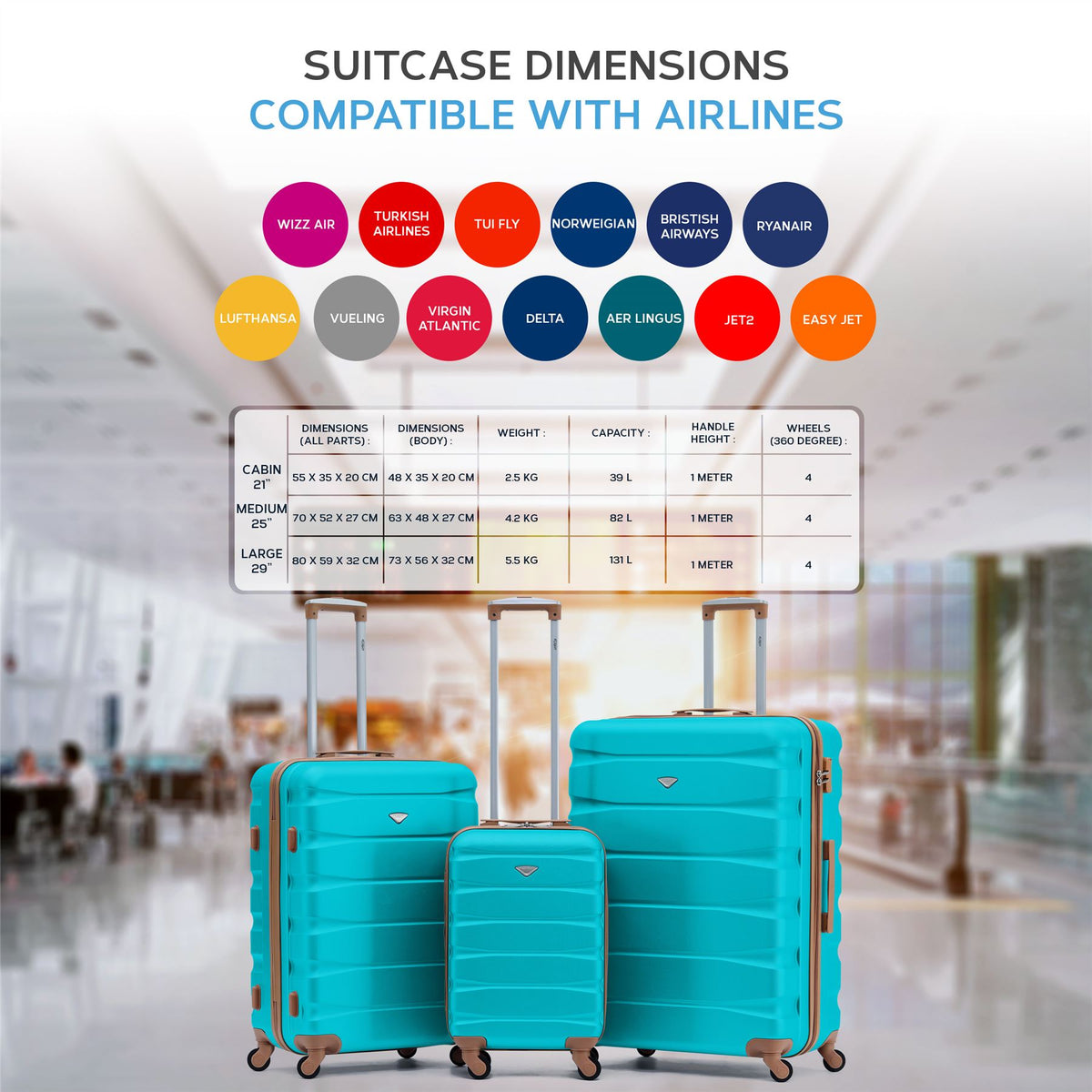 Set Of 3 Hard Shell Suitcase Cabin & Check In Cases With Tsa Lock - Overhead Cabin With Medium & Large Check-in Bag | Set of 3 | Aqua