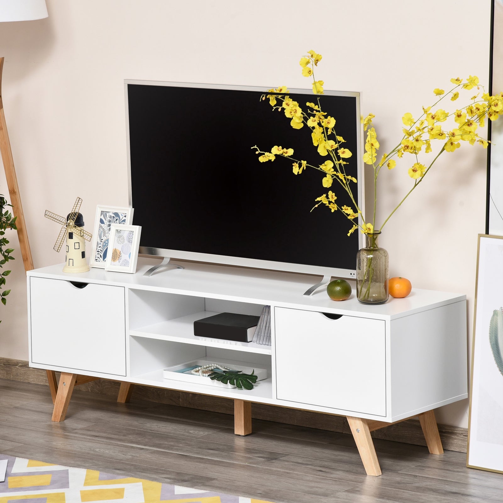 Elegant Tv Stand Storage Unit W/ Wood Legs