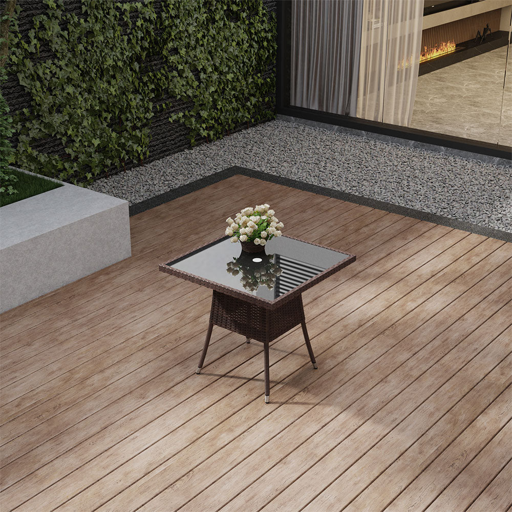Brown PE Rattan Square Table with 5mm Black Silk-Printed Tempered Glass Top - 80cm X 72cm H