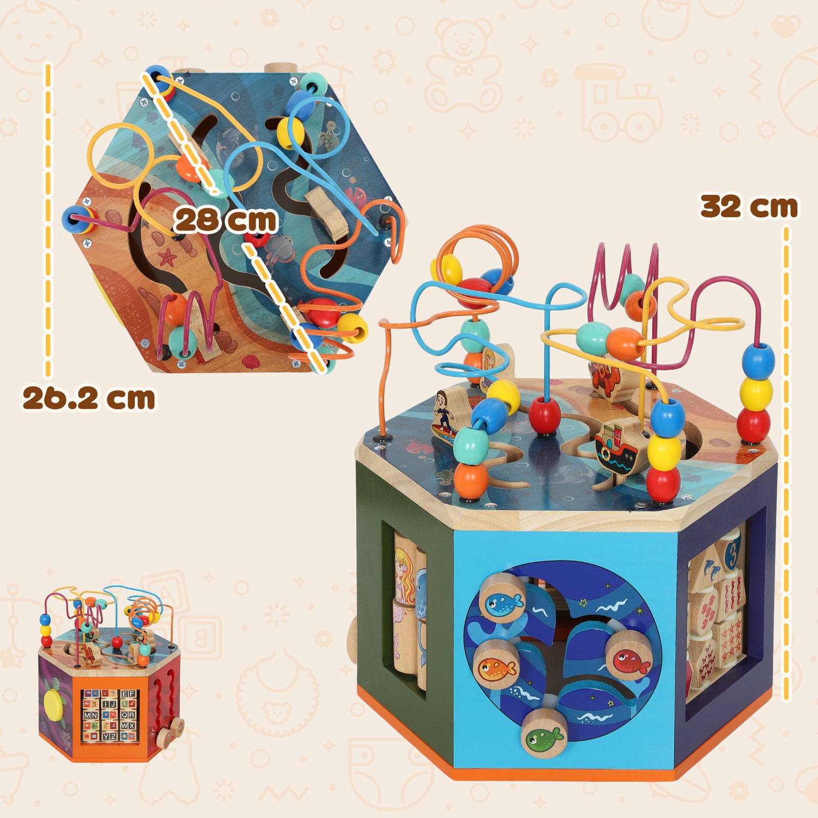 AIYAPLAY Wooden Activity Cube For Toddlers 18+ Months With Bead Maze